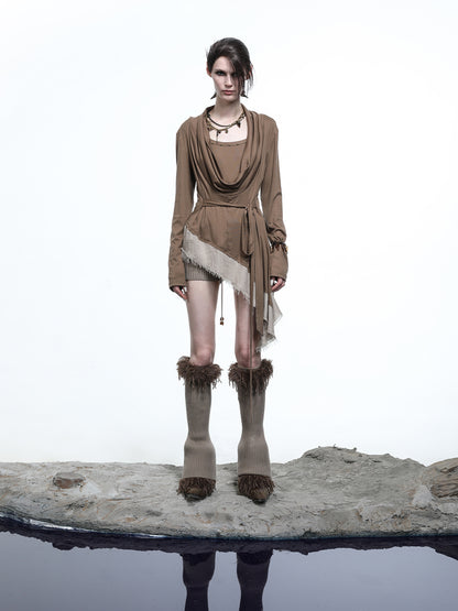 NN NORTH NODE Lyocell Draped Asymmetric Hem Knit T-shirt