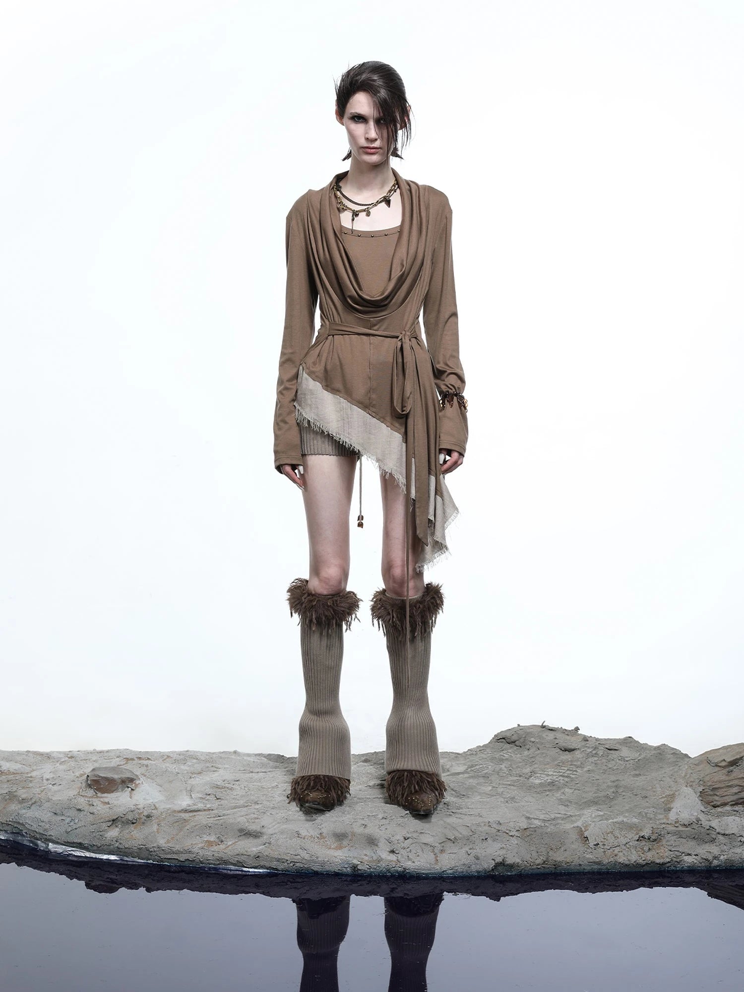 Lyocell Draped Asymmetric Hem Knit T-shirt
