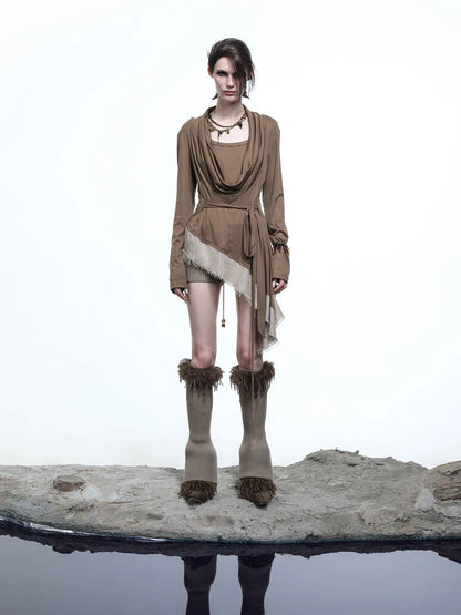 Lyocell Draped Asymmetric Hem Knit T-shirt