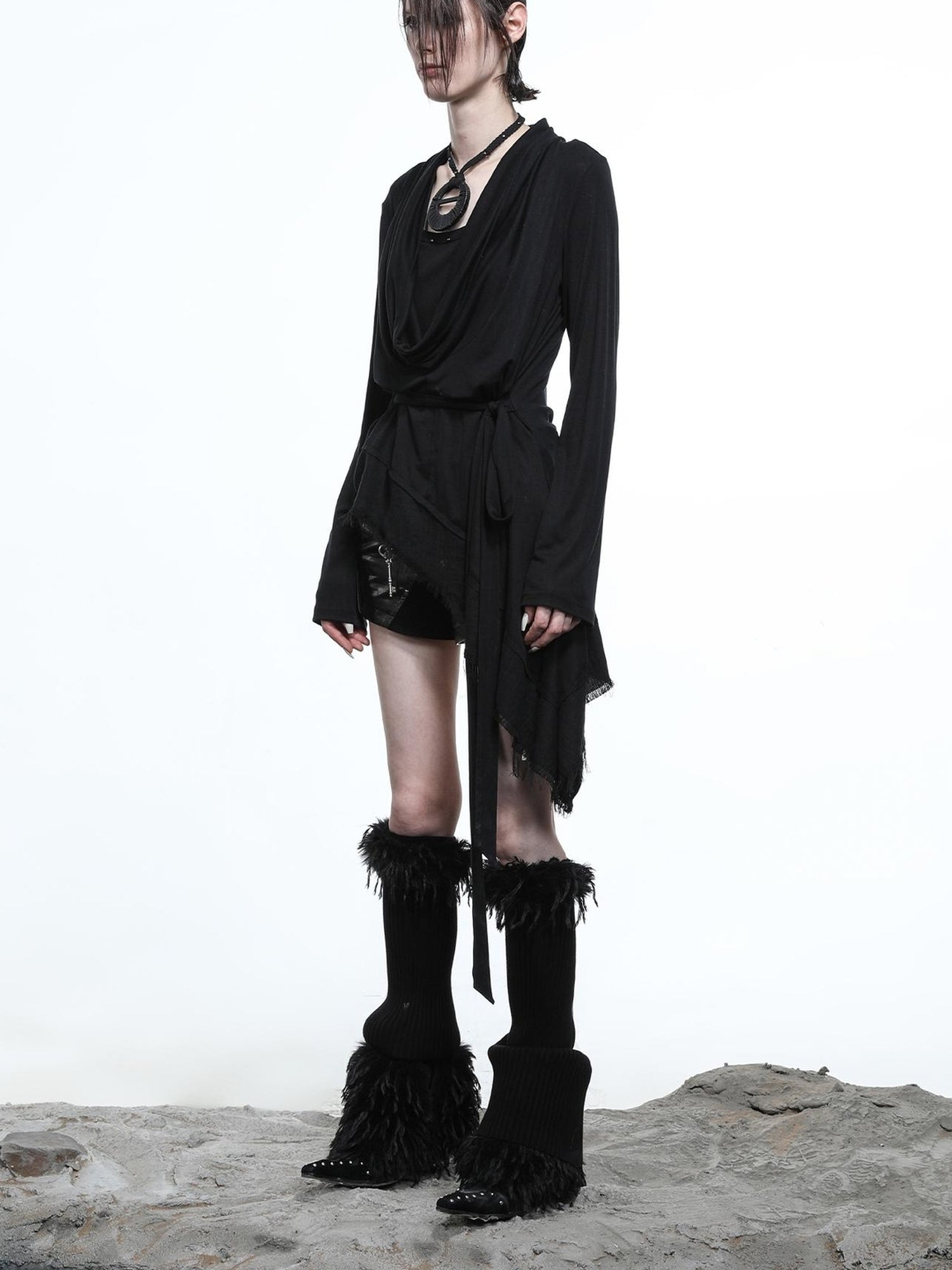 NN NORTH NODE Lyocell Draped Asymmetric Hem Knit T-shirt