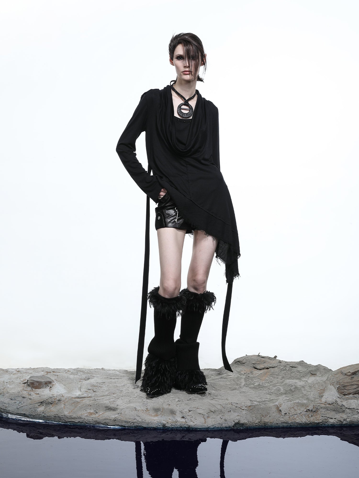 NN NORTH NODE Lyocell Draped Asymmetric Hem Knit T-shirt