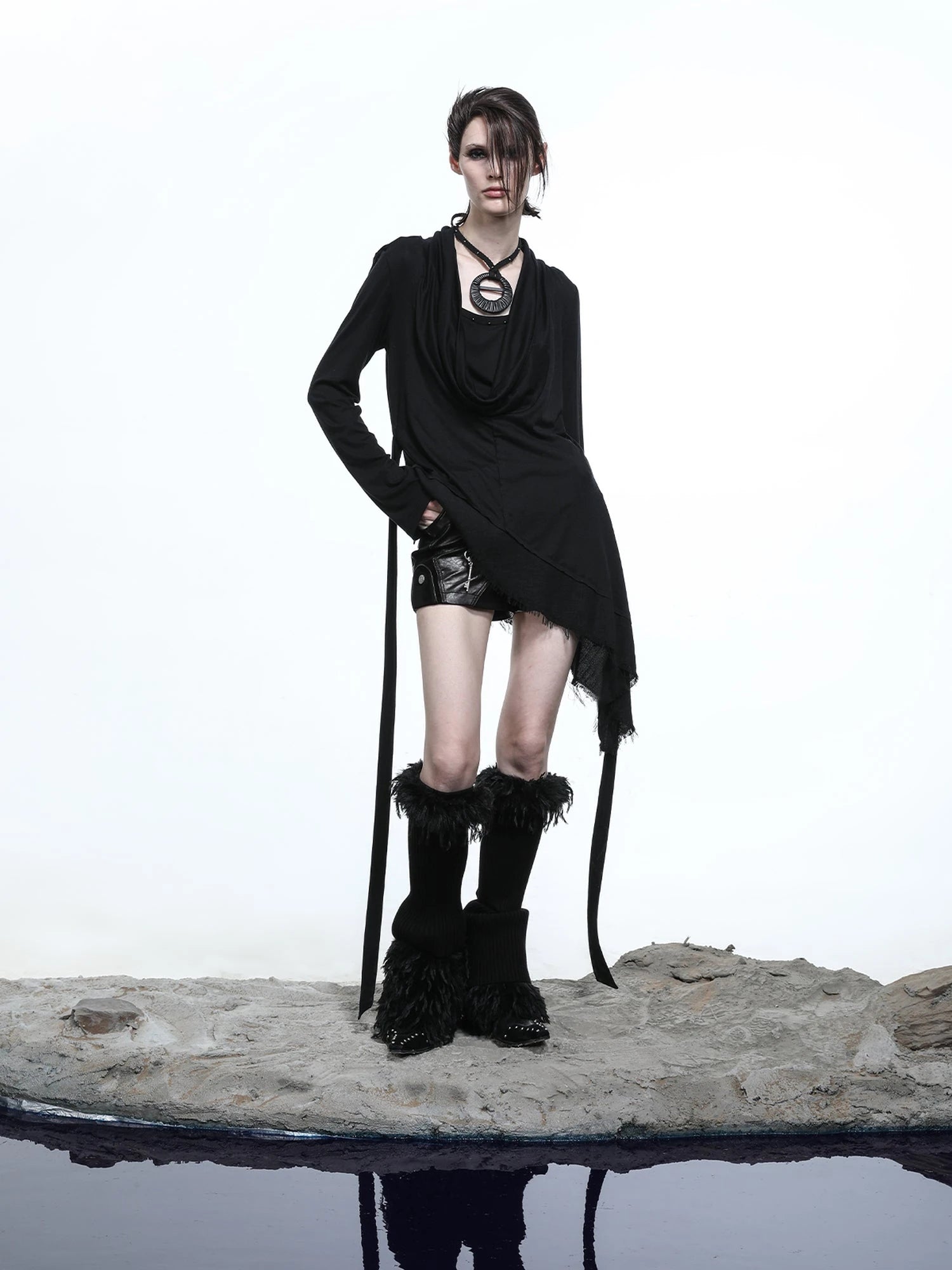 Lyocell Draped Asymmetric Hem Knit T-shirt