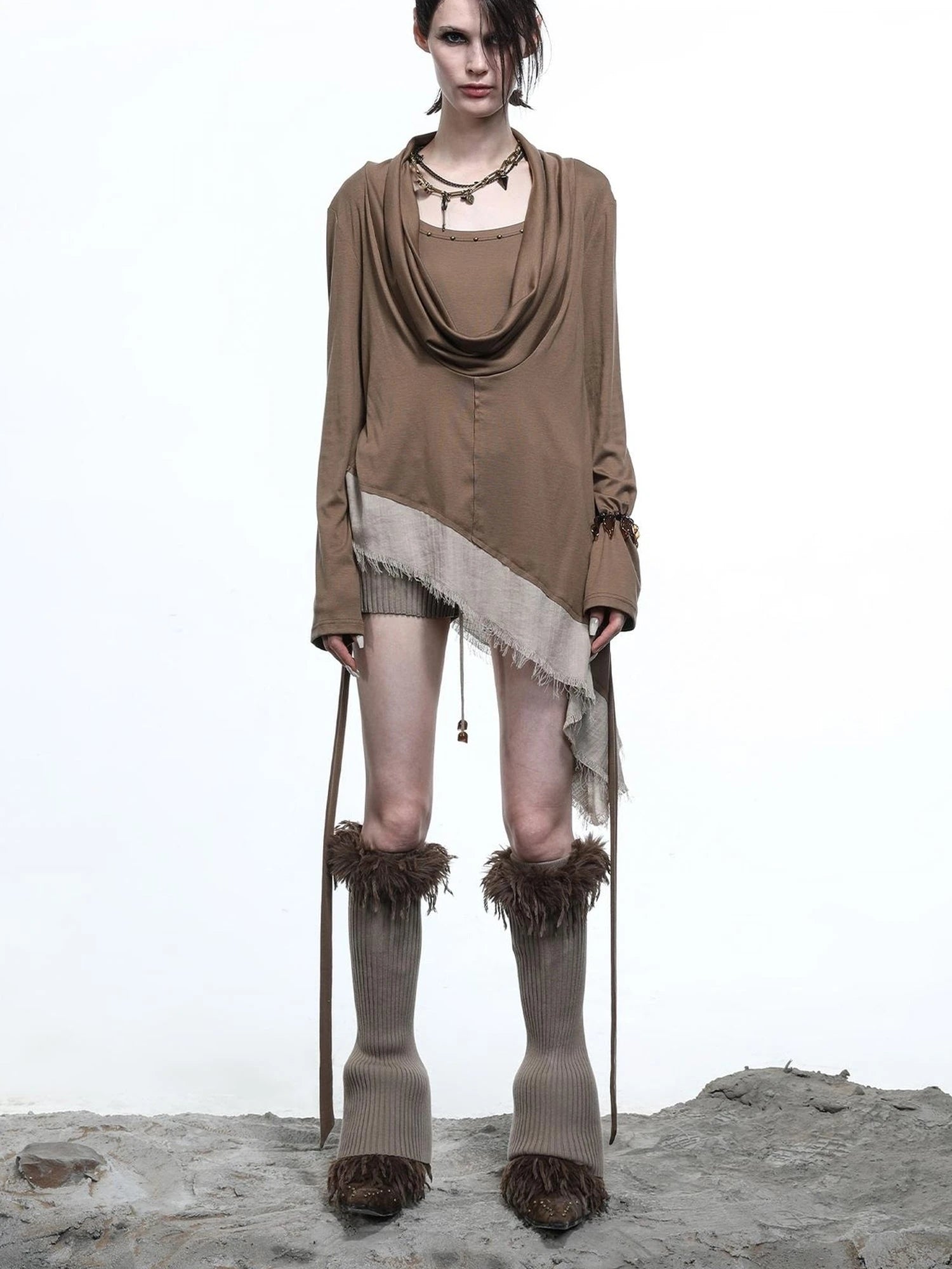 Lyocell Draped Asymmetric Hem Knit T-shirt