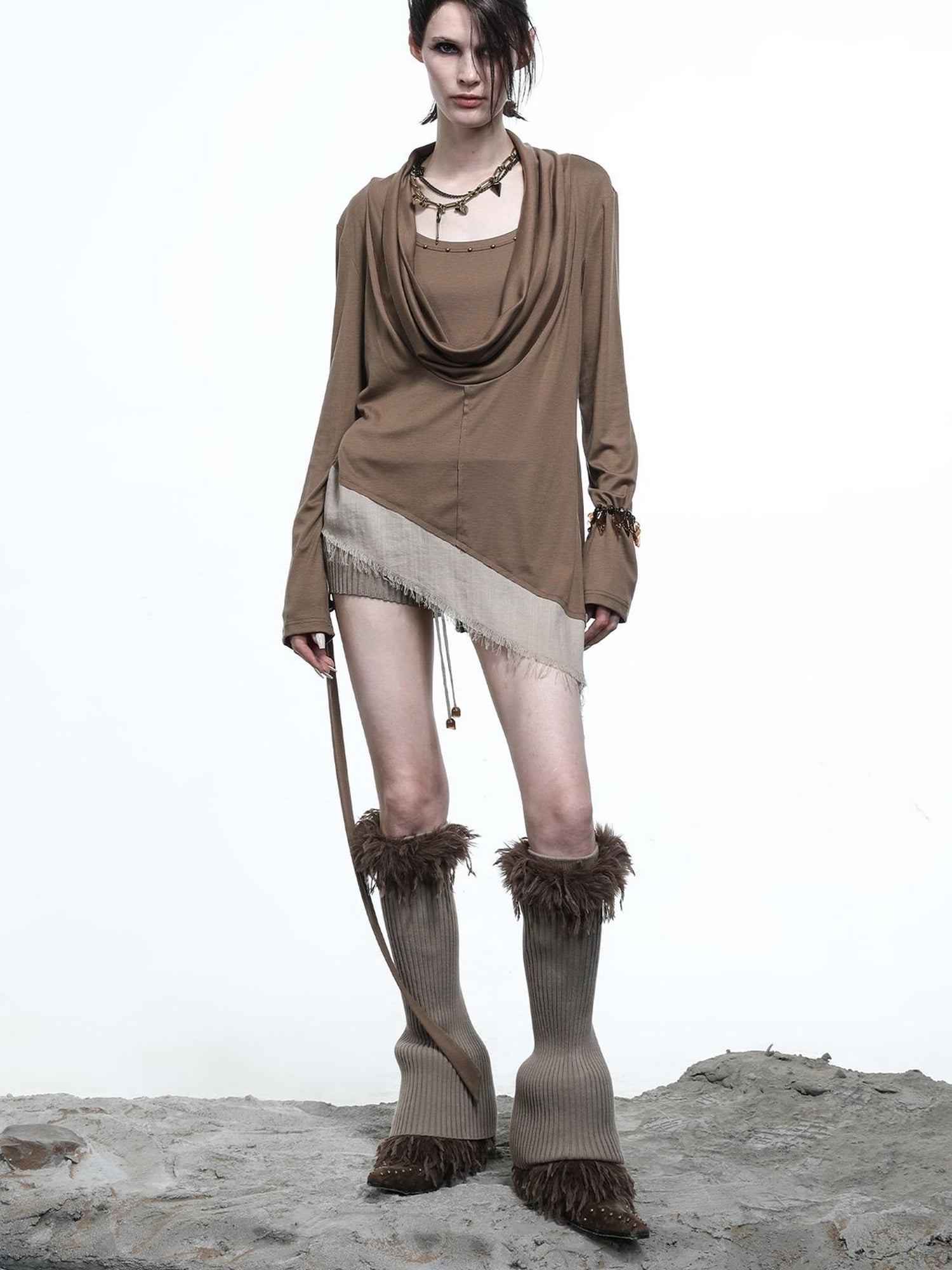 NN NORTH NODE Lyocell Draped Asymmetric Hem Knit T-shirt