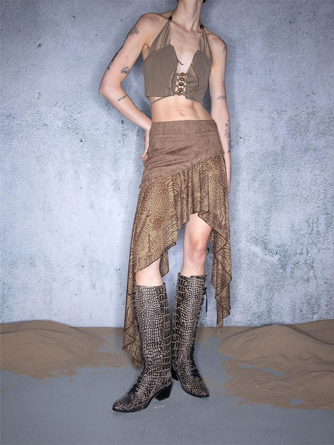 UpdateNN NORTH NODE Nomadic Mesh Patchwork Hemline Asymmetrical Skirt