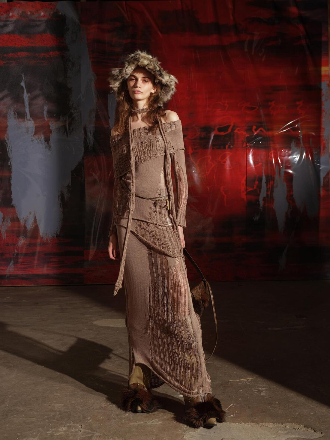 NN NORTH NODE One Shoulder Knit Set with Asymmetrical Neckline and Distressed Detailing
