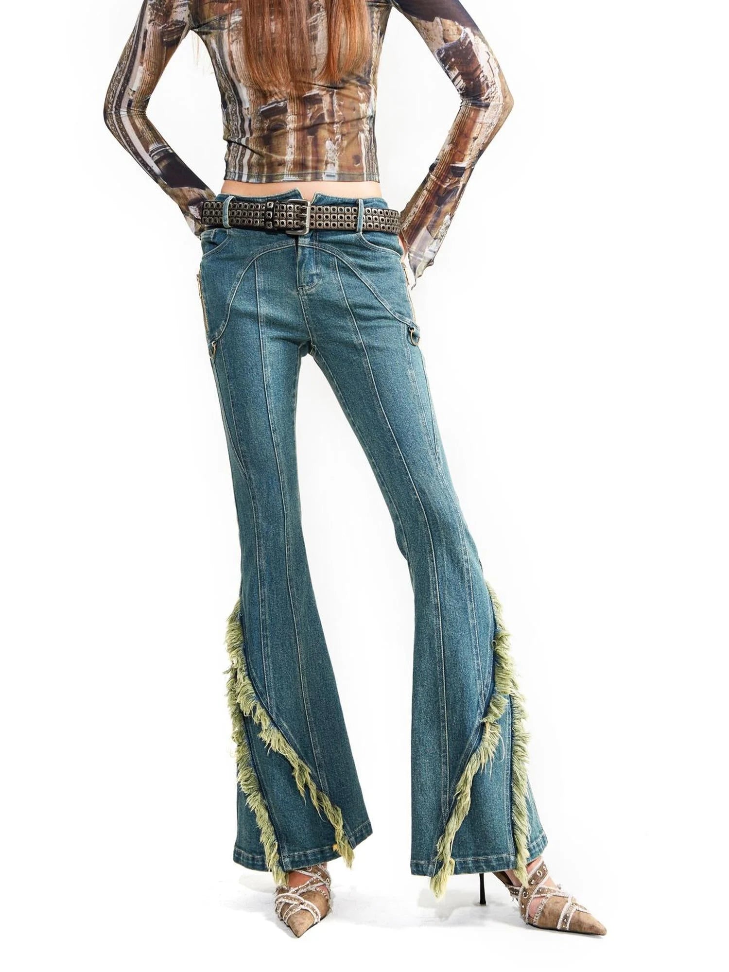 Original Design Flared Denim With Fringe Hem