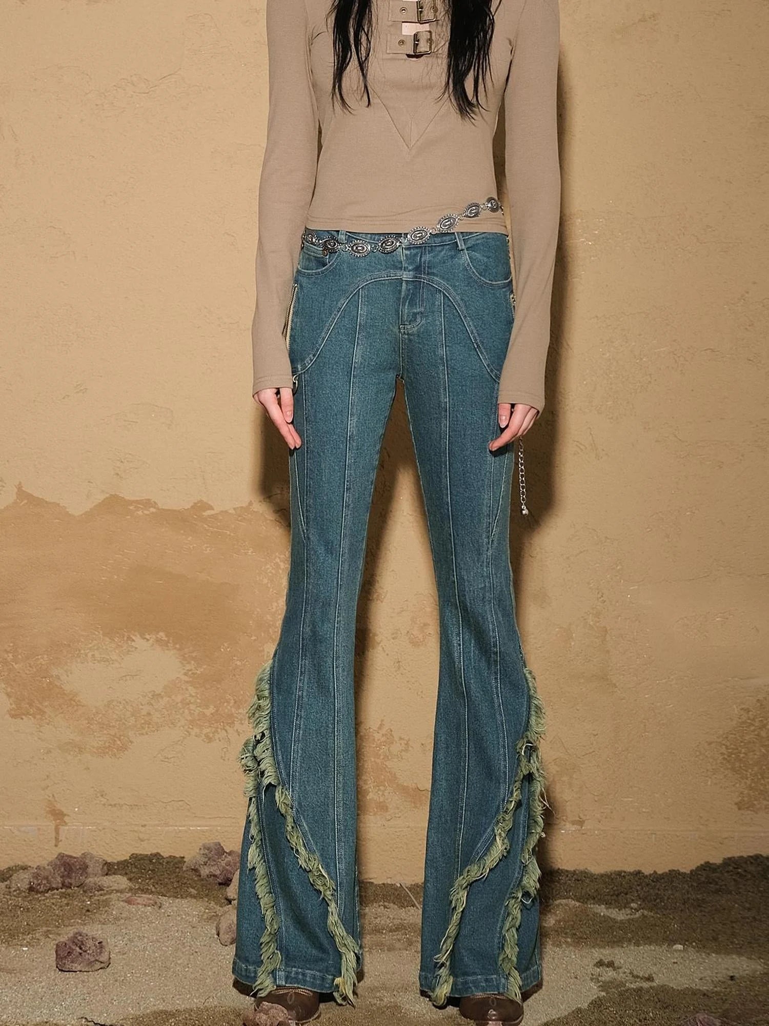 Original Design Flared Denim With Fringe Hem