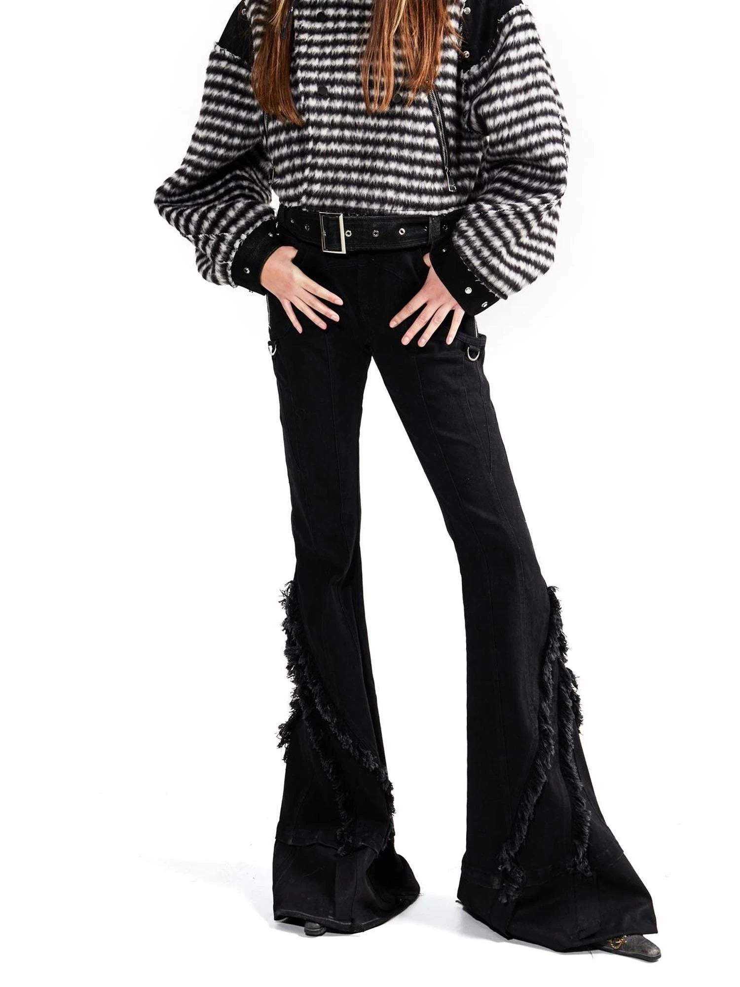 Original Design Flared Denim With Fringe Hem