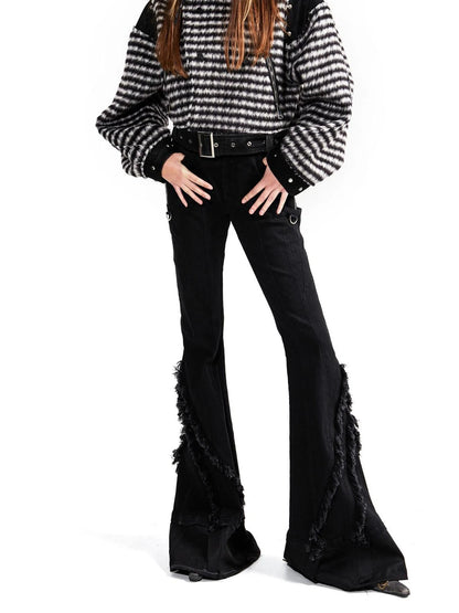 Original Design Flared Denim With Fringe Hem