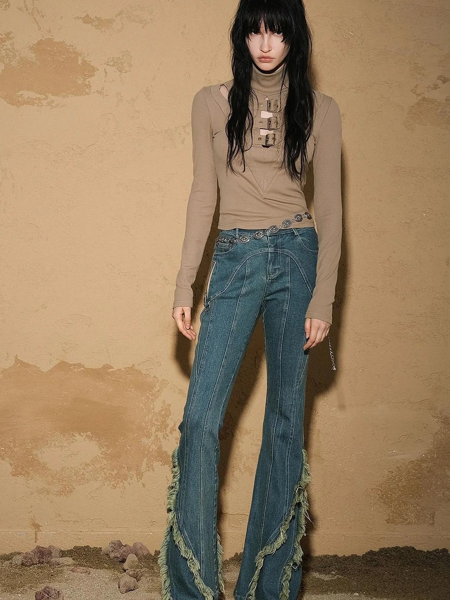 Original Design Flared Denim With Fringe Hem