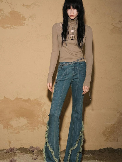 Original Design Flared Denim With Fringe Hem