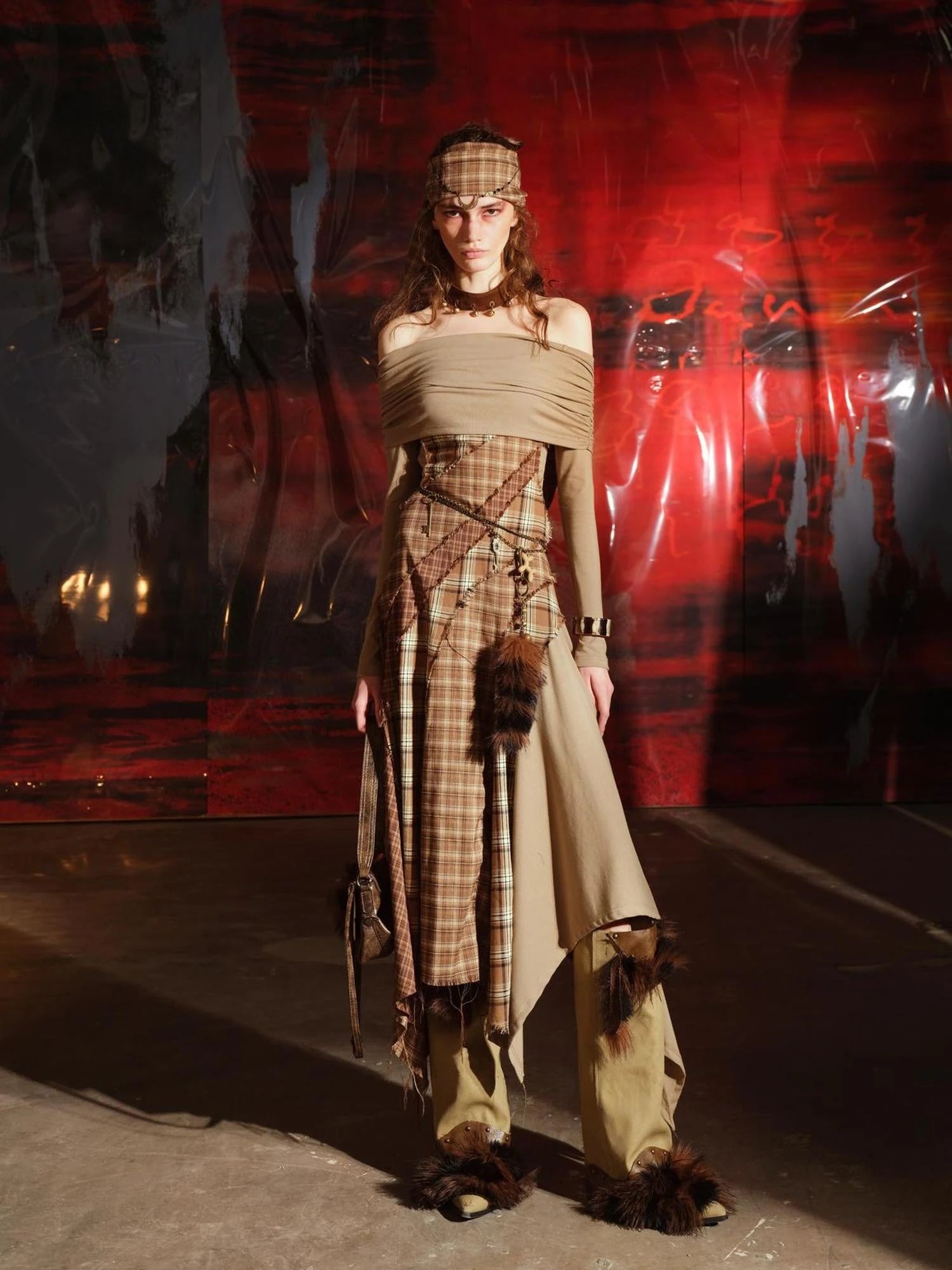 Patchwork Plaid Off Shoulder Dress With Detachable Scarf