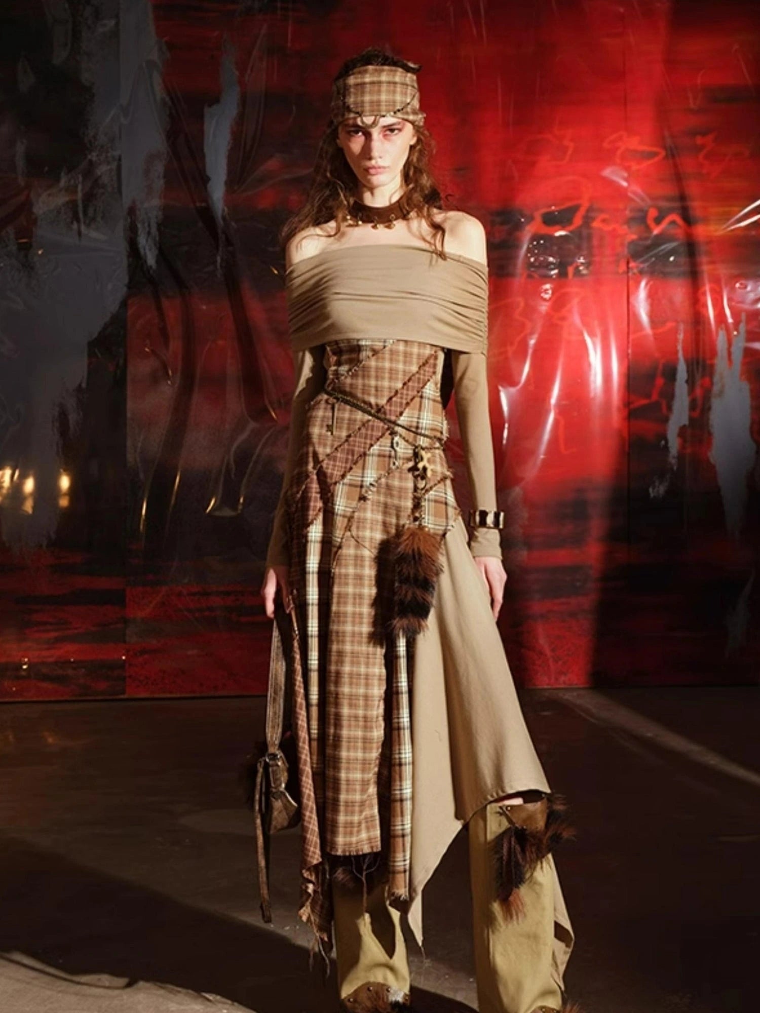 Patchwork Plaid Off Shoulder Dress With Detachable Scarf