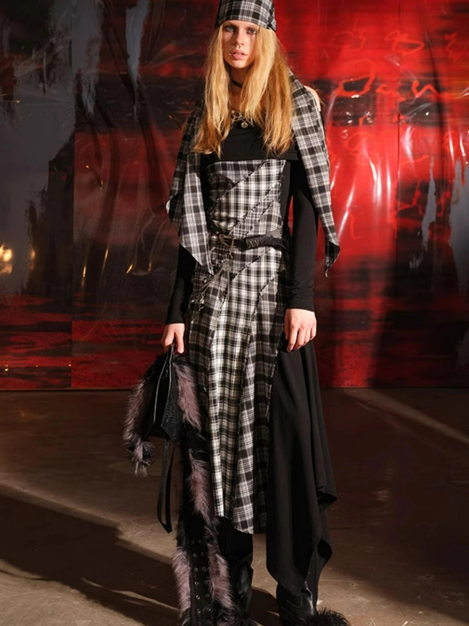 Patchwork Plaid Off Shoulder Dress With Detachable Scarf