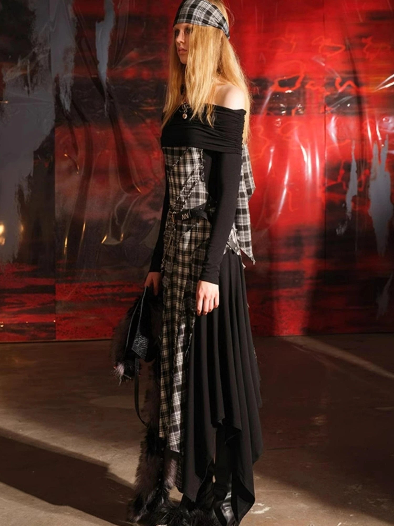 Patchwork Plaid Off Shoulder Dress With Detachable Scarf