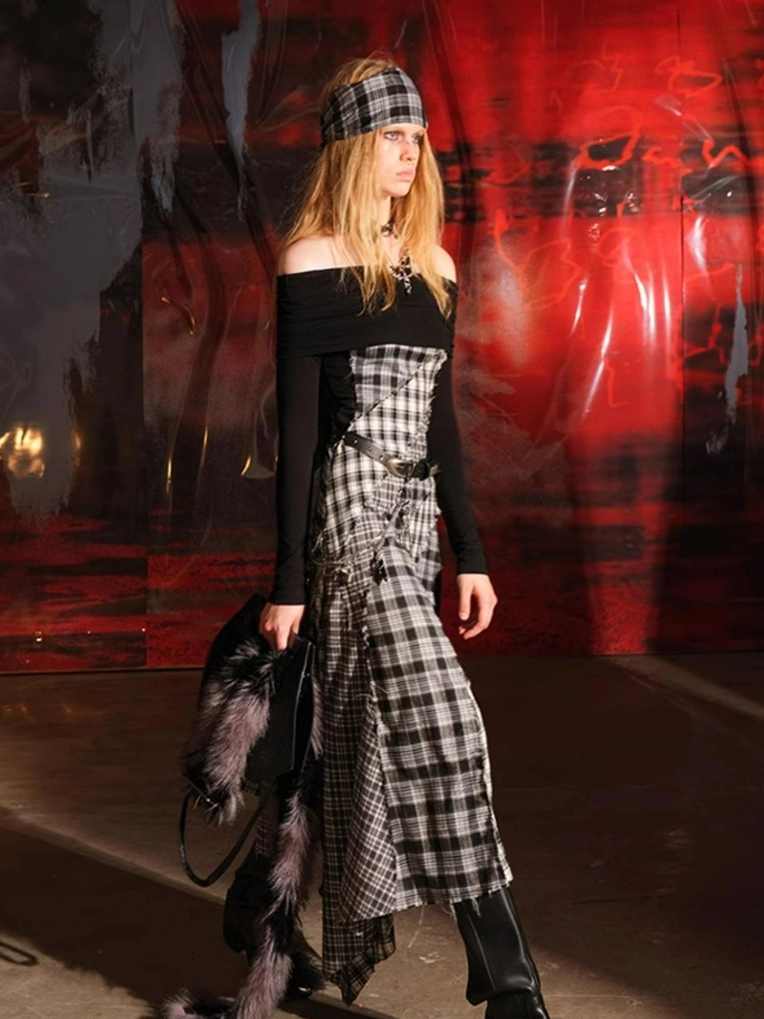 Patchwork Plaid Off Shoulder Dress With Detachable Scarf