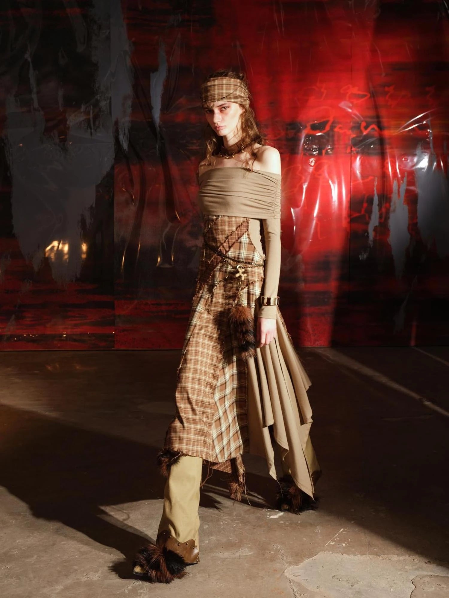 Patchwork Plaid Off Shoulder Dress With Detachable Scarf