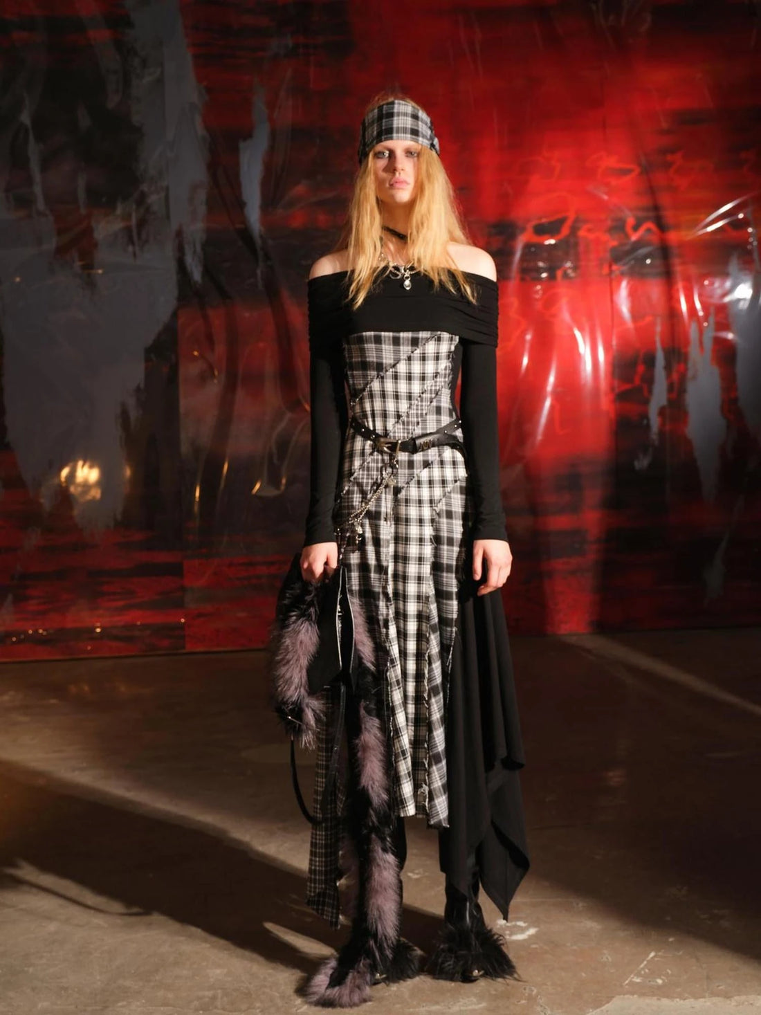 Patchwork Plaid Off Shoulder Dress With Detachable Scarf