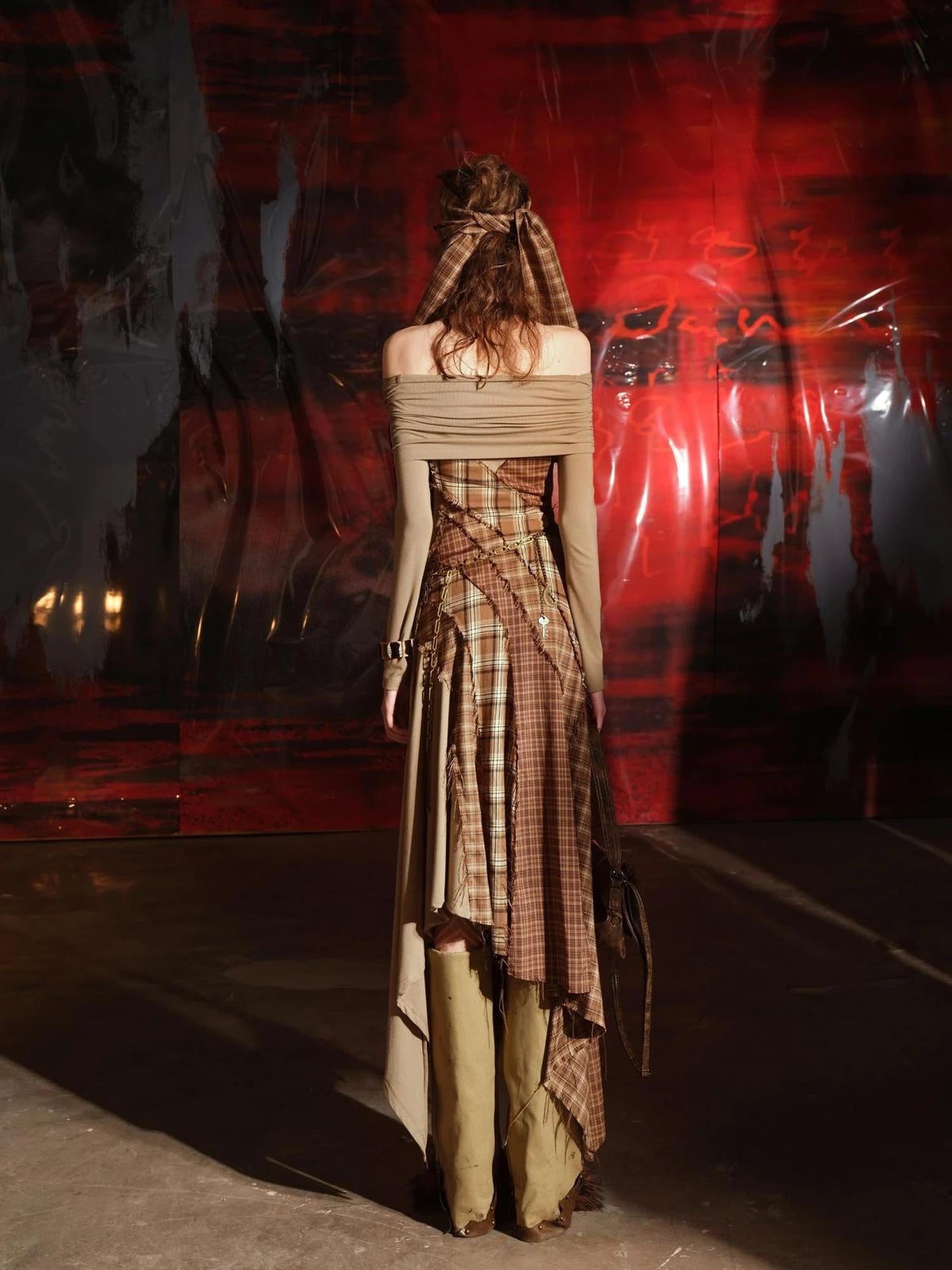 Patchwork Plaid Off Shoulder Dress With Detachable Scarf