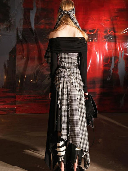 Patchwork Plaid Off Shoulder Dress With Detachable Scarf