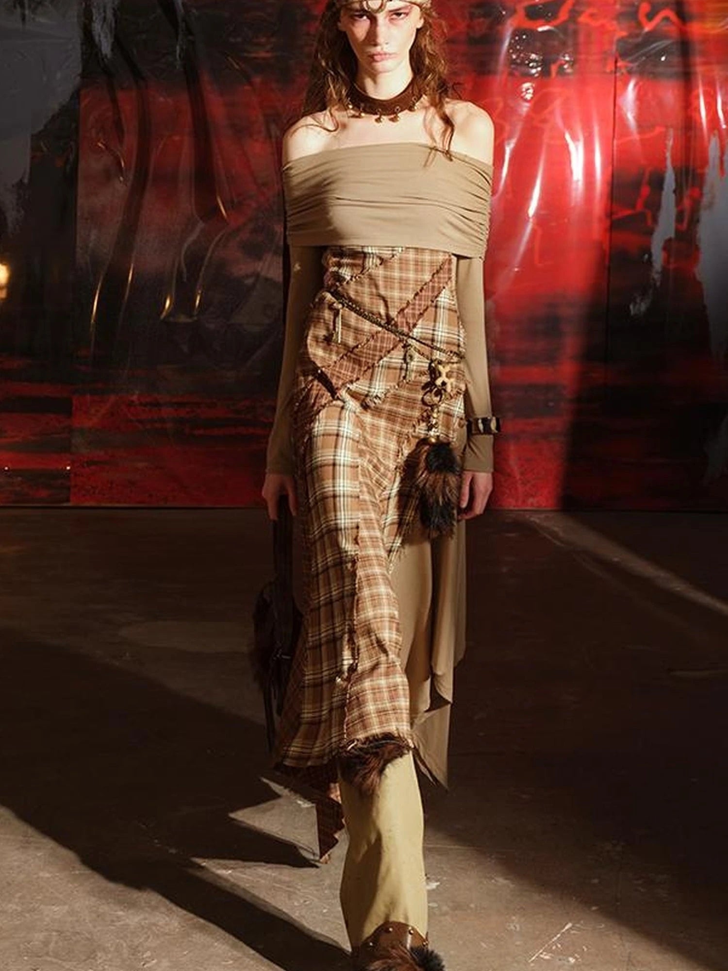 Patchwork Plaid Off Shoulder Dress With Detachable Scarf