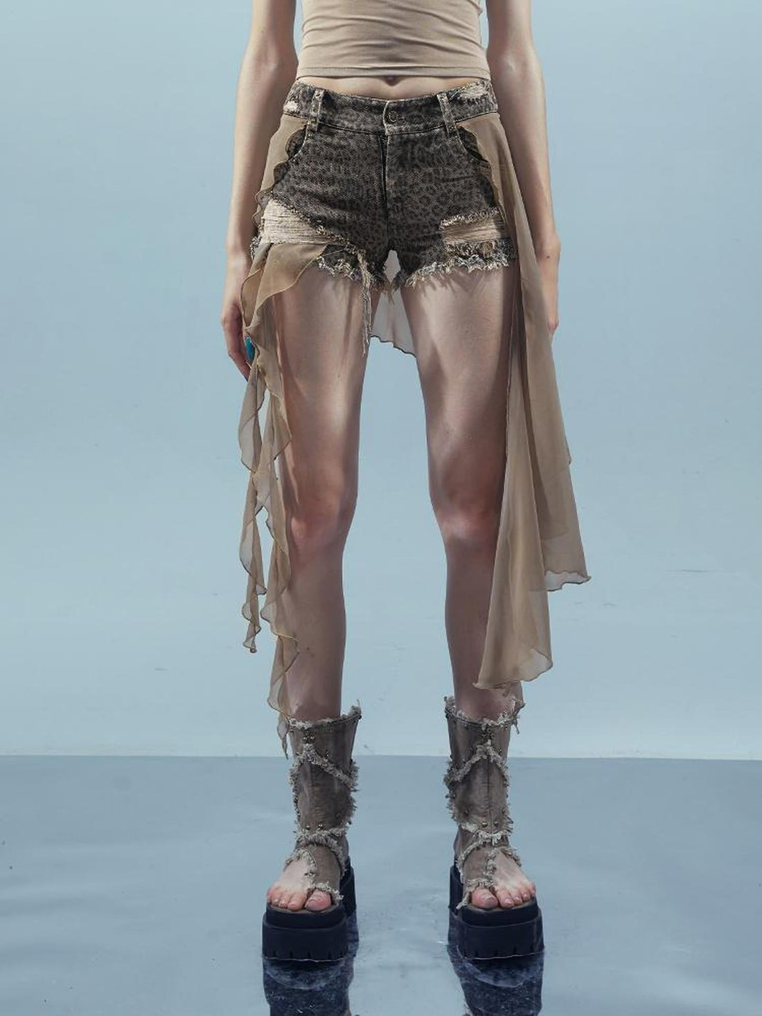 UpdateNN NORTH NODE Pieced Irregular Leopard Print Shorts With Denim Inspired Flap