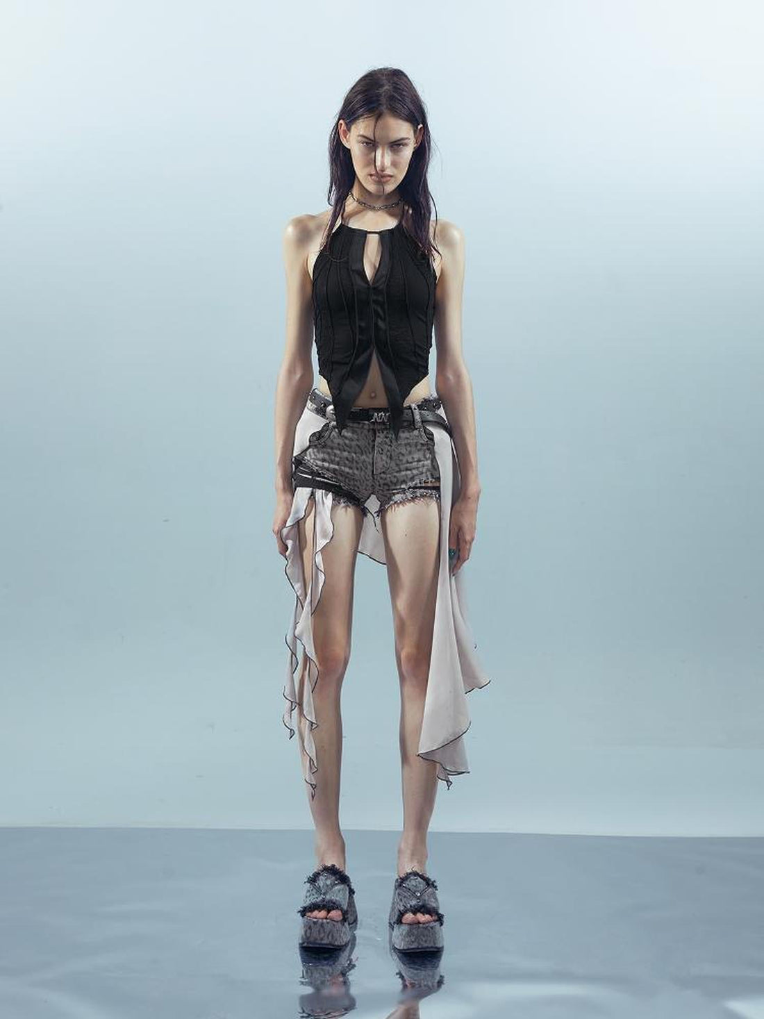 UpdateNN NORTH NODE Pieced Irregular Leopard Print Shorts With Denim Inspired Flap