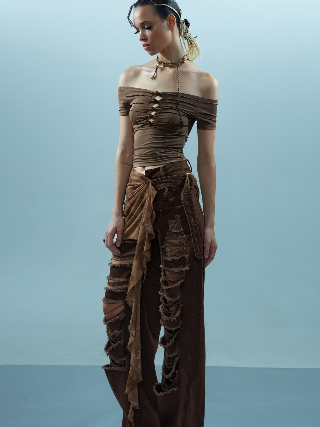 NN NORTH NODE Piscean Loom Ethereal Threads Off Shoulder Beaded Tee