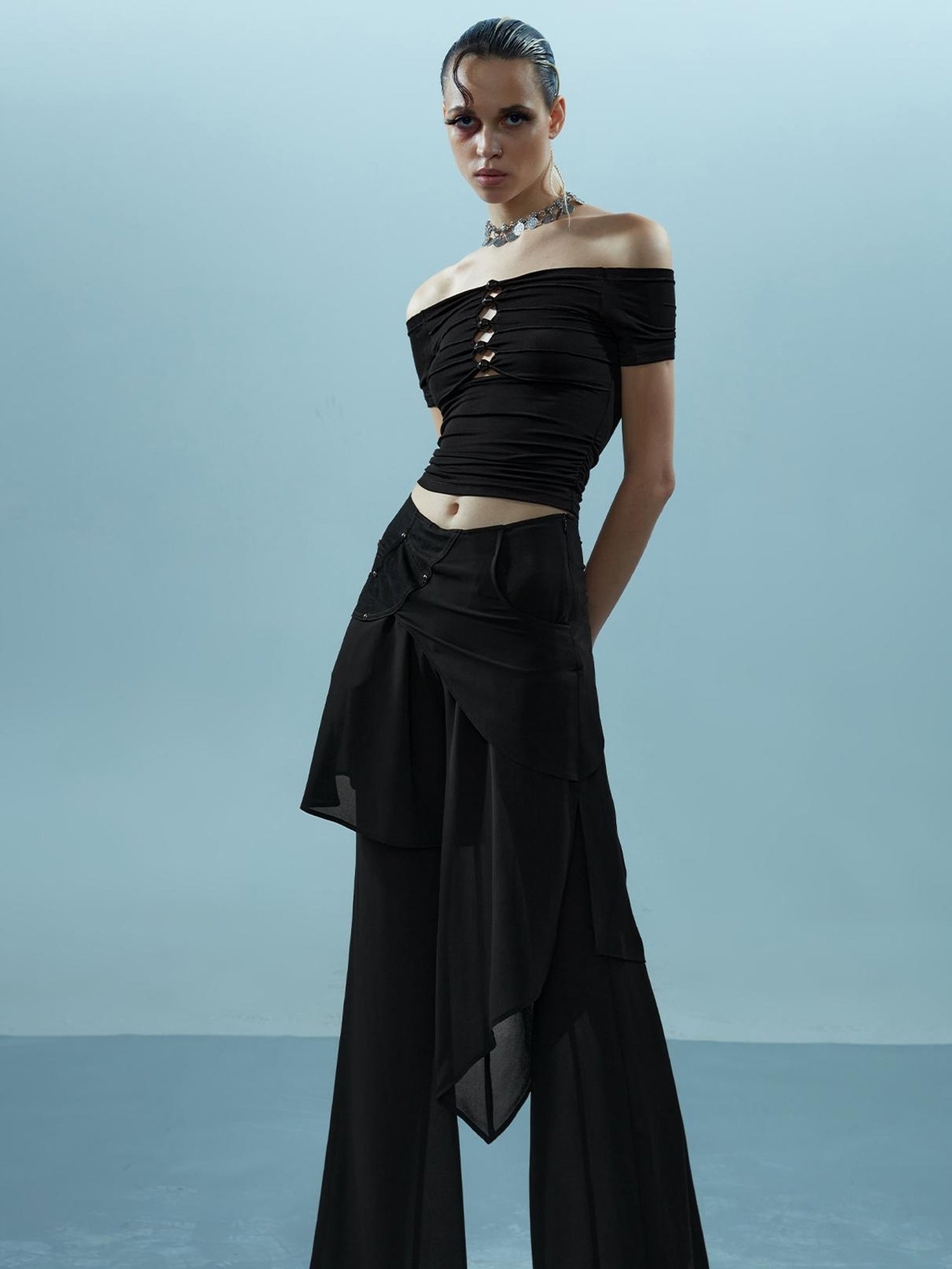 NN NORTH NODE Piscean Loom Ethereal Threads Off Shoulder Beaded Tee