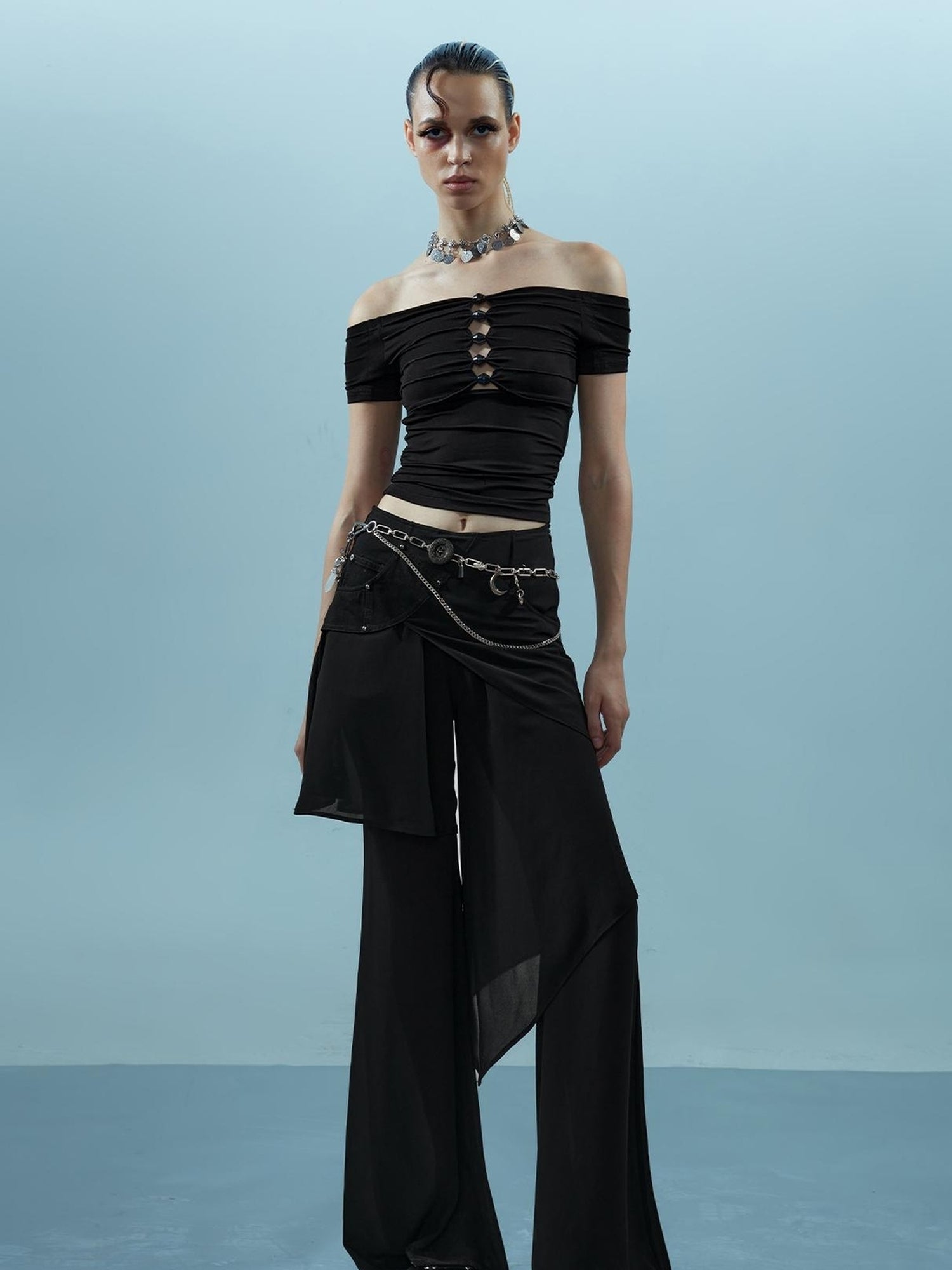 NN NORTH NODE Piscean Loom Ethereal Threads Off Shoulder Beaded Tee