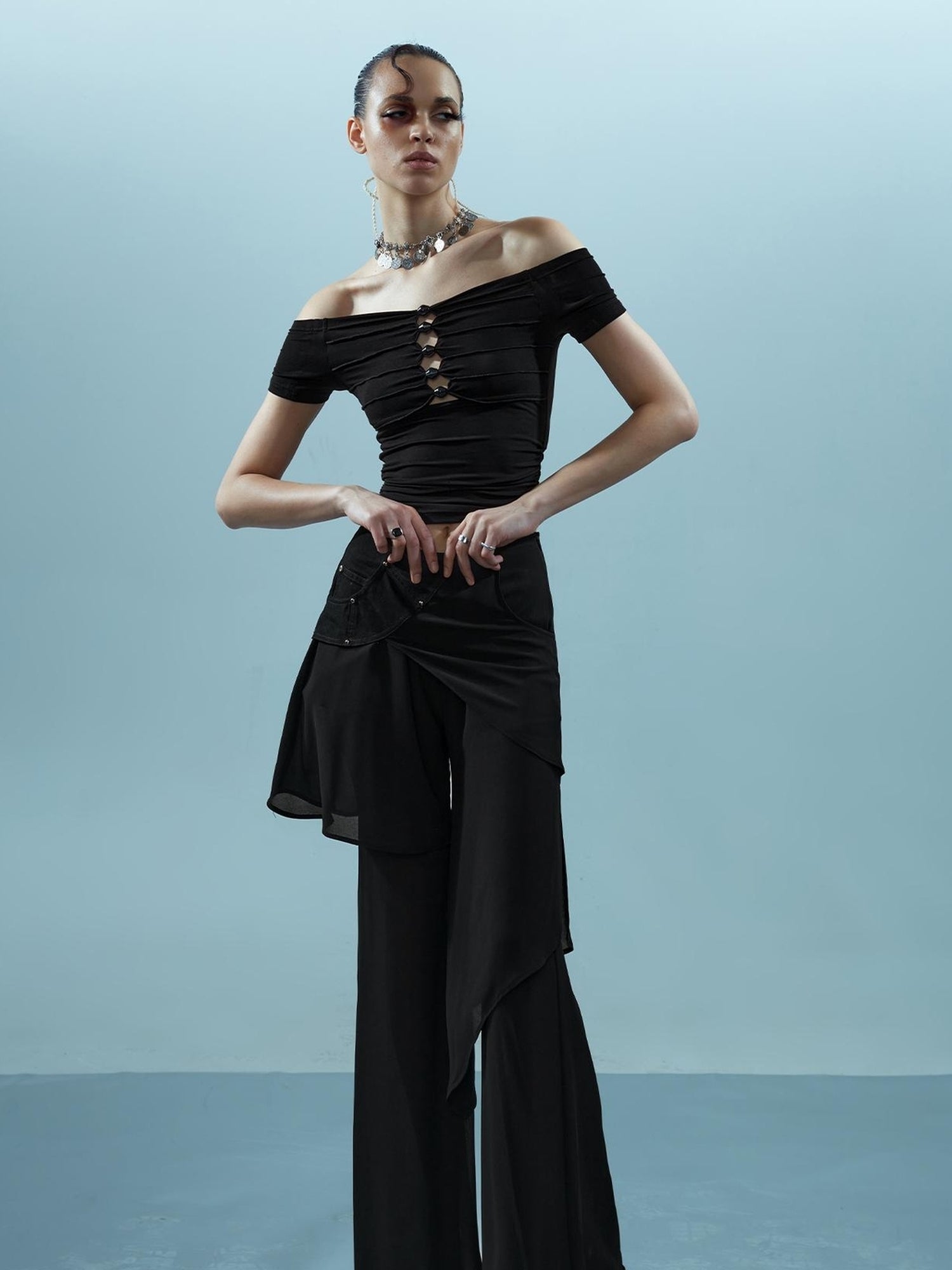 NN NORTH NODE Piscean Loom Ethereal Threads Off Shoulder Beaded Tee