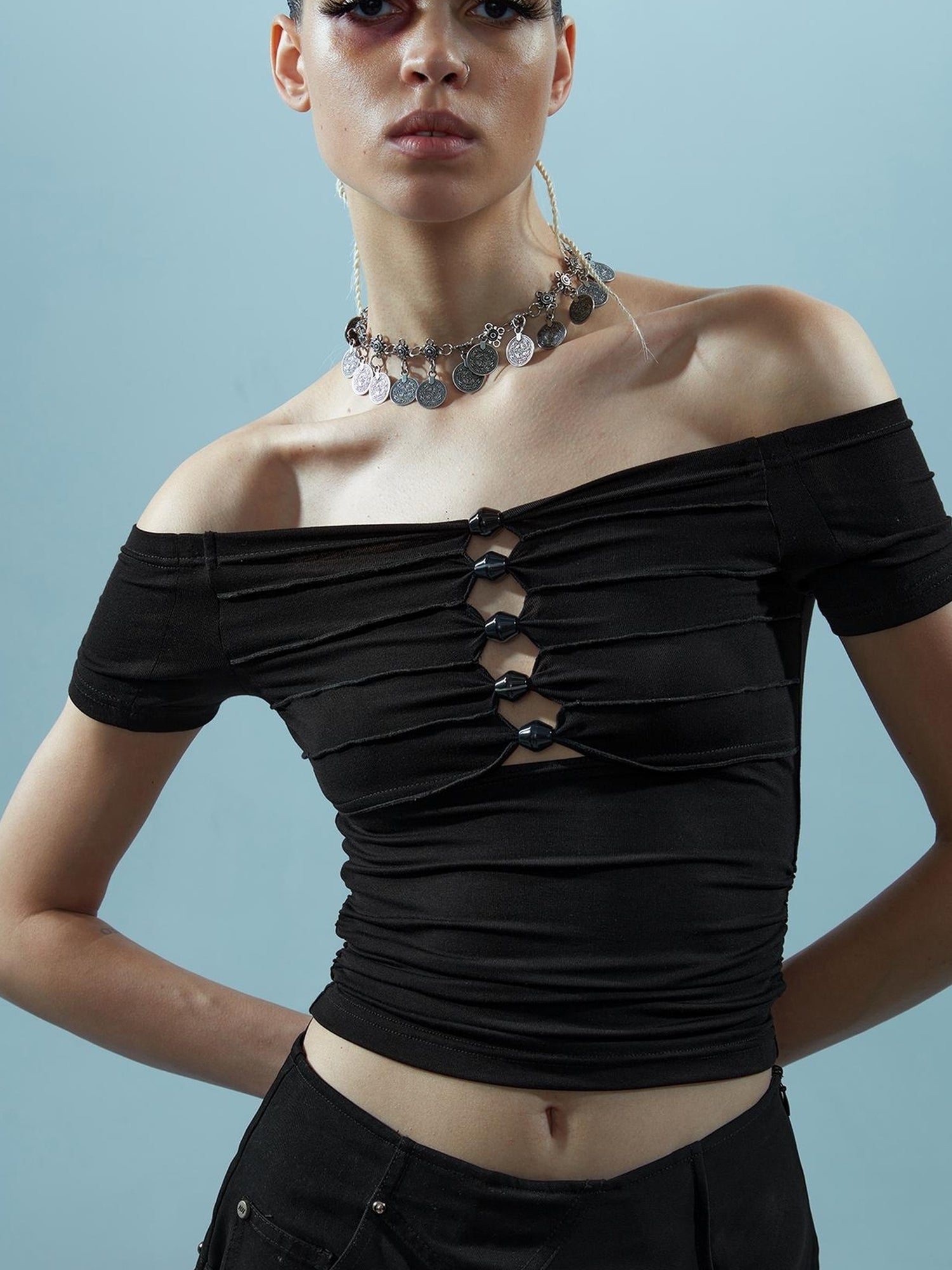 NN NORTH NODE Piscean Loom Ethereal Threads Off Shoulder Beaded Tee
