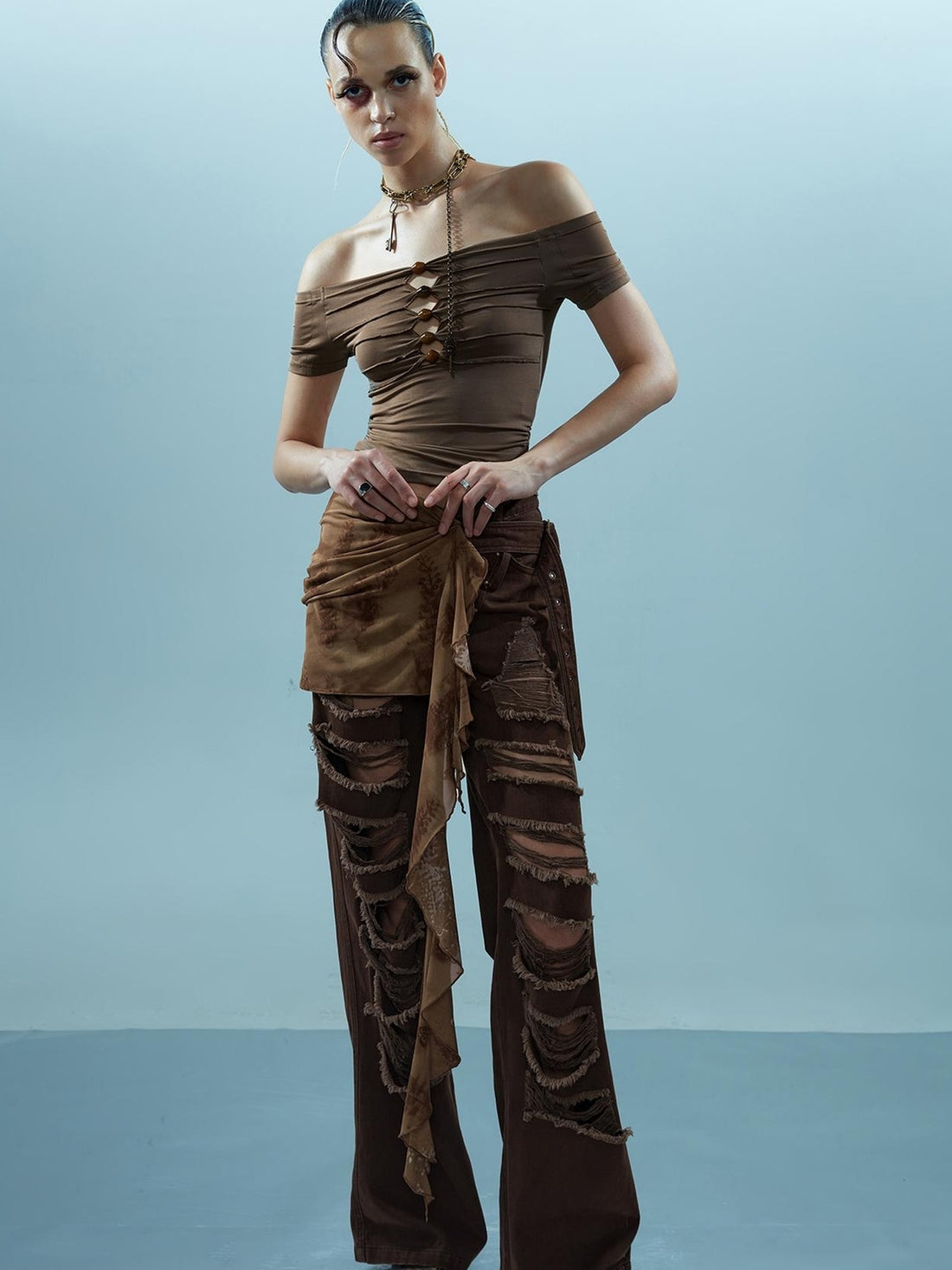 NN NORTH NODE Piscean Loom Ethereal Threads Off Shoulder Beaded Tee