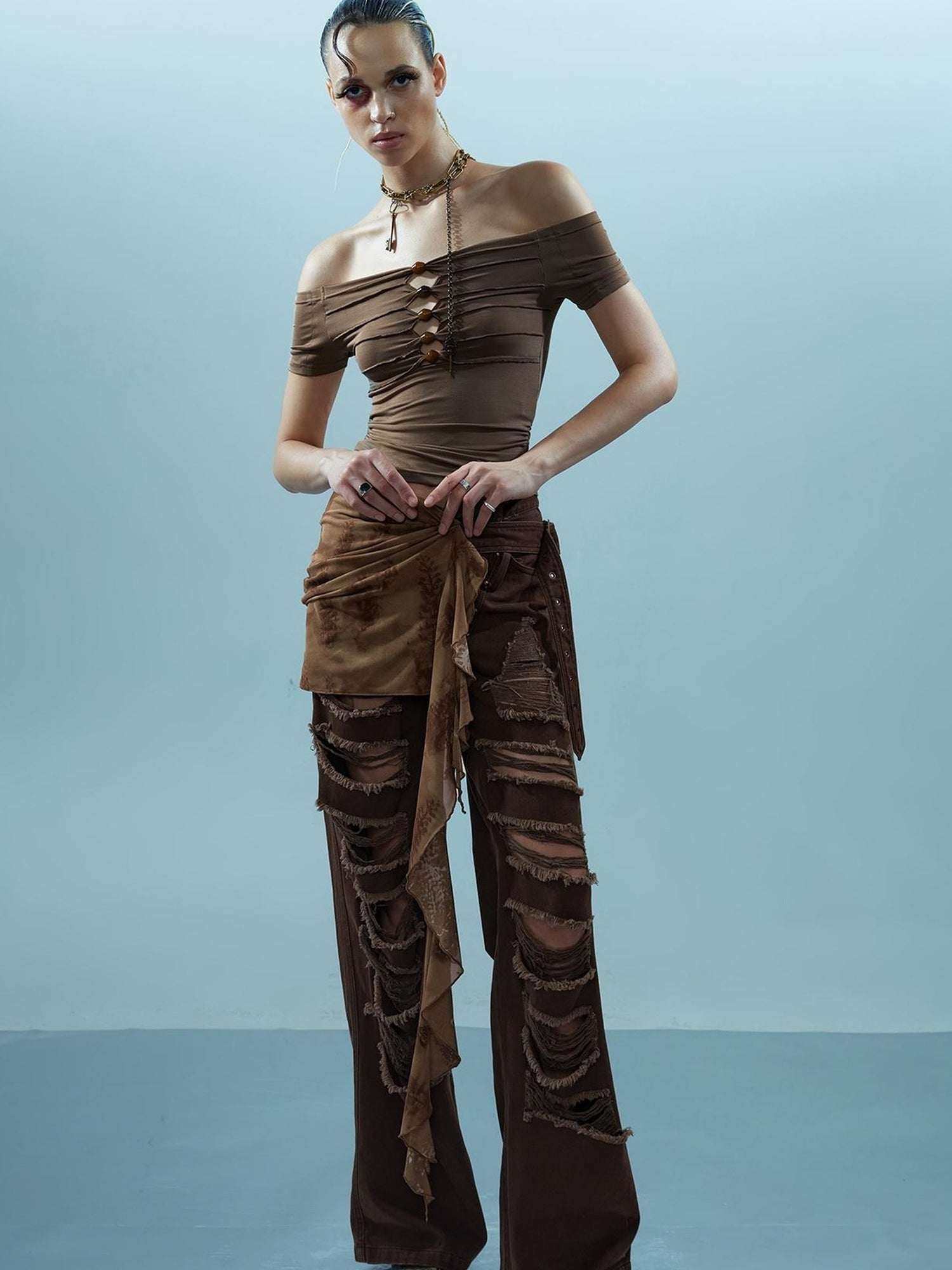 NN NORTH NODE Piscean Loom Ethereal Threads Off Shoulder Beaded Tee