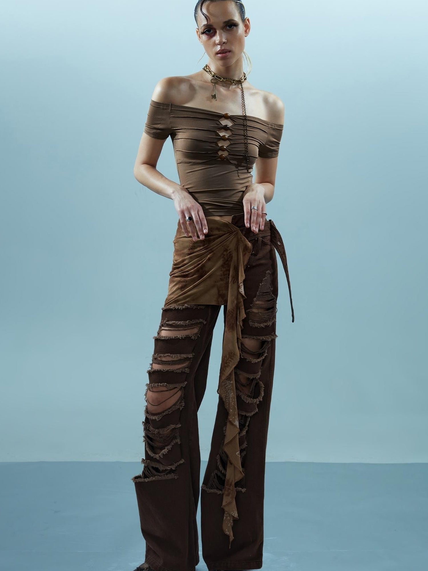 NN NORTH NODE Piscean Loom Ethereal Threads Off Shoulder Beaded Tee