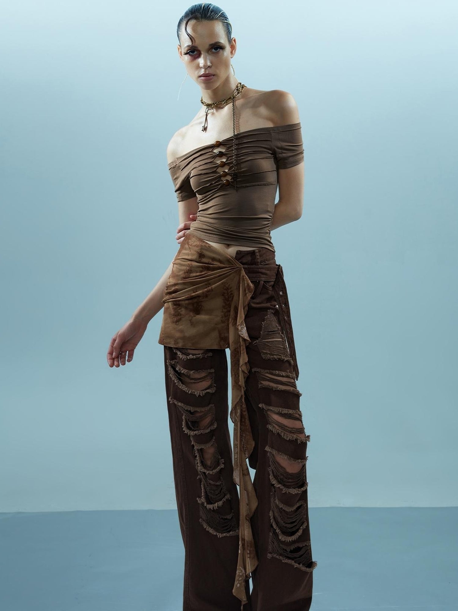 NN NORTH NODE Piscean Loom Ethereal Threads Off Shoulder Beaded Tee