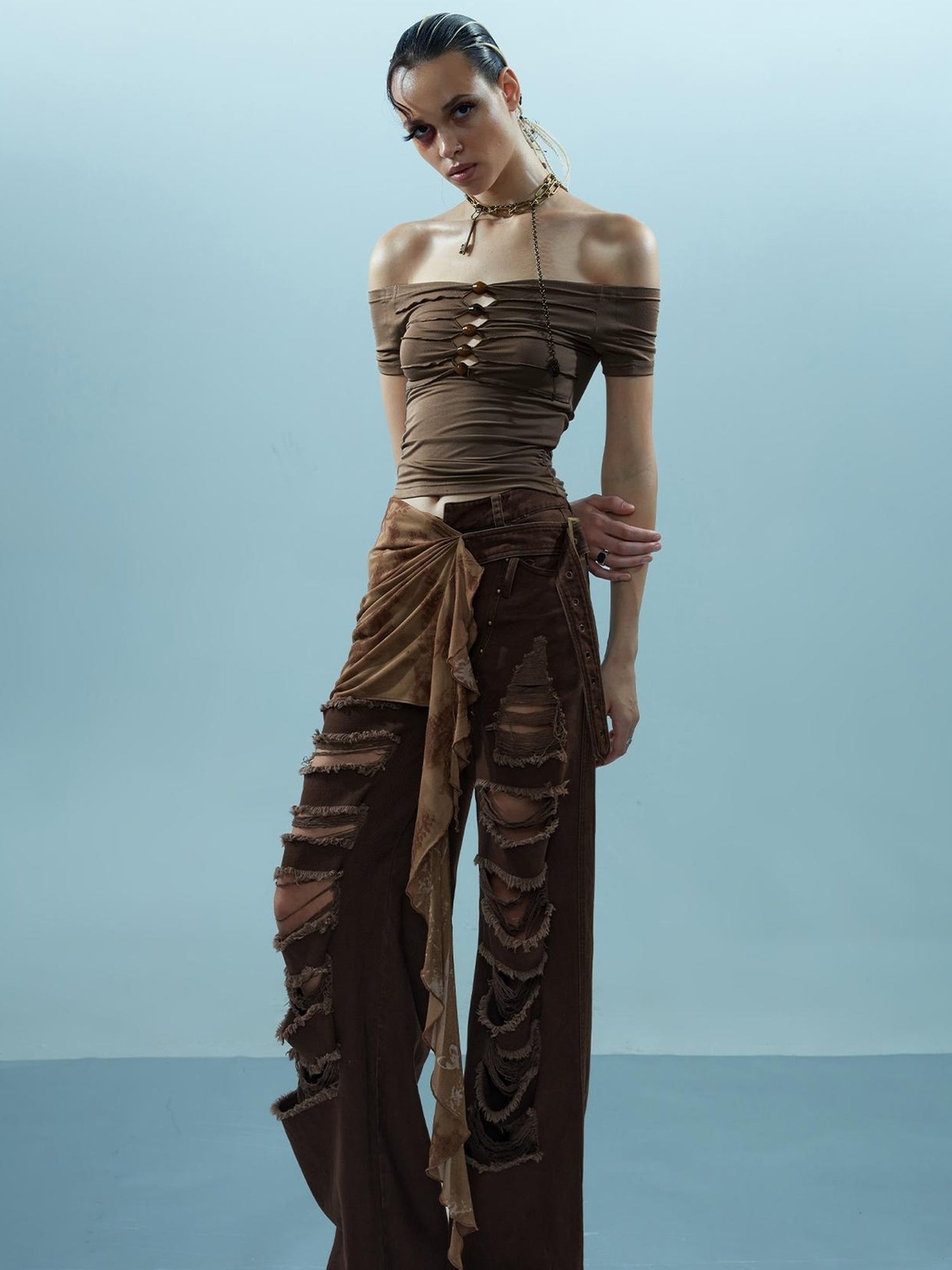 NN NORTH NODE Piscean Loom Ethereal Threads Off Shoulder Beaded Tee