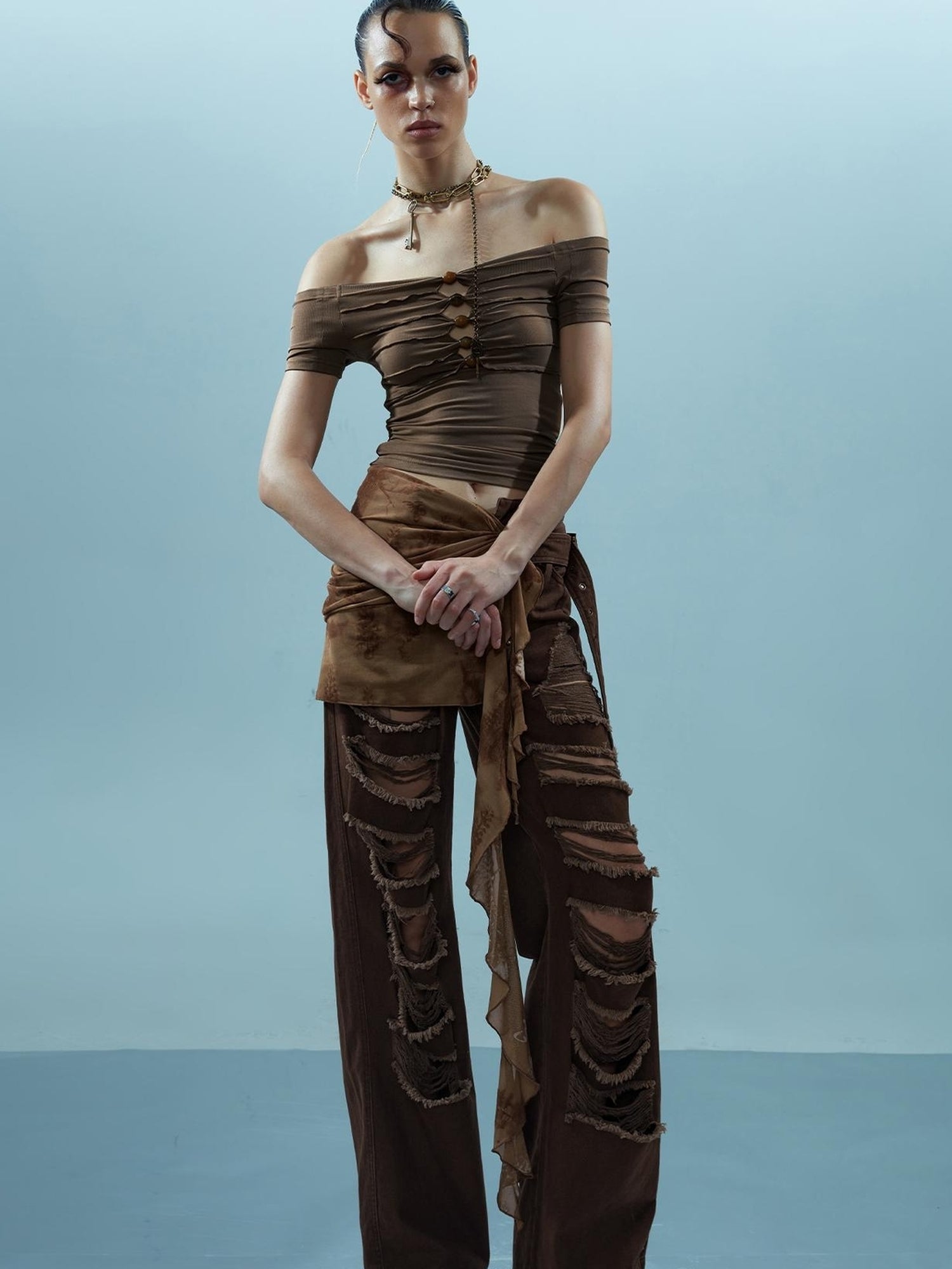 NN NORTH NODE Piscean Loom Ethereal Threads Off Shoulder Beaded Tee