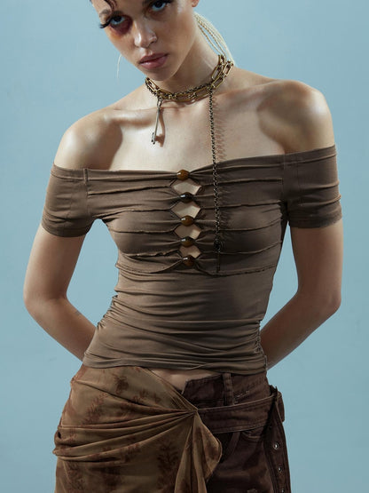 NN NORTH NODE Piscean Loom Ethereal Threads Off Shoulder Beaded Tee