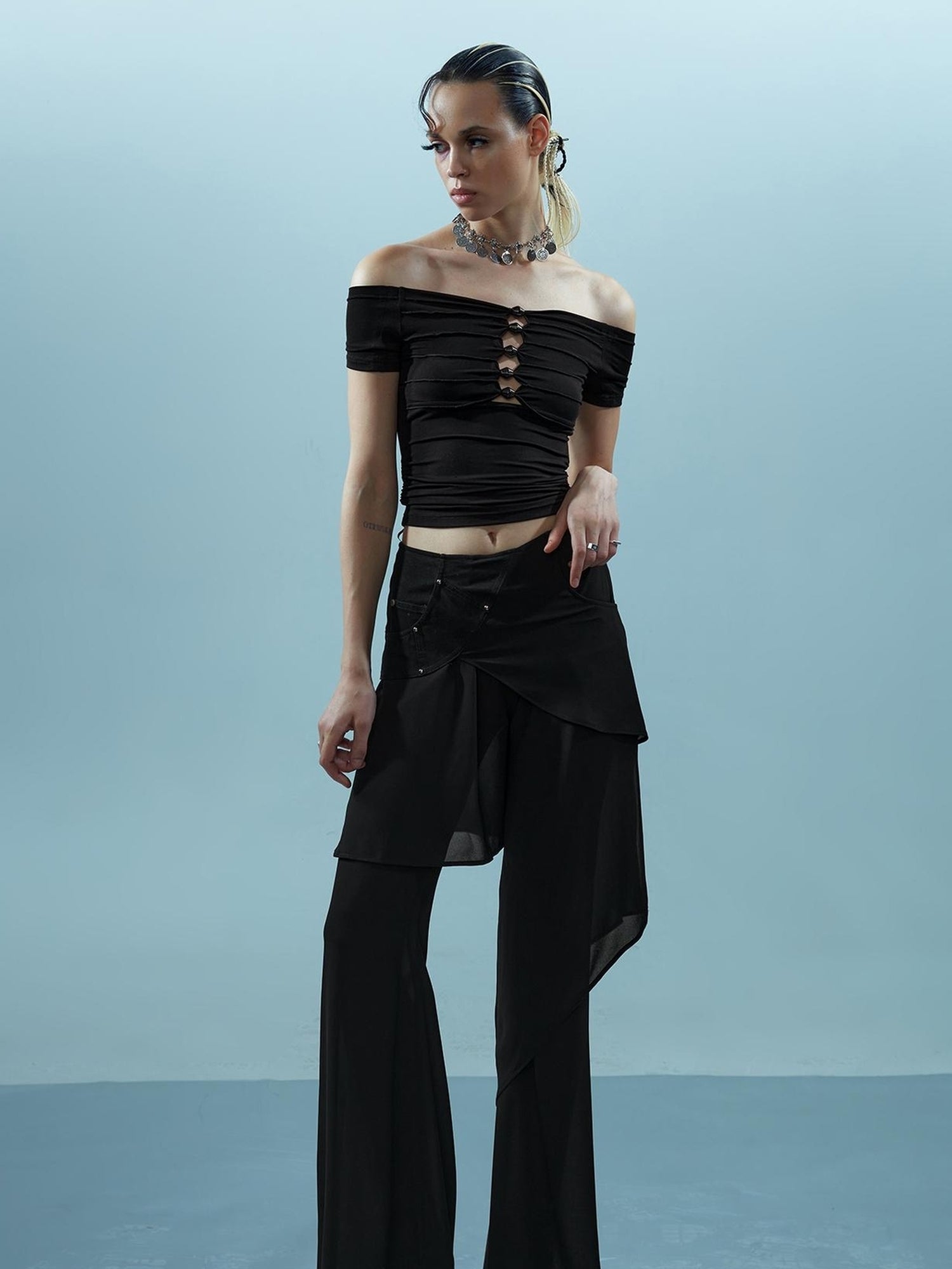 NN NORTH NODE Piscean Loom Ethereal Threads Off Shoulder Beaded Tee