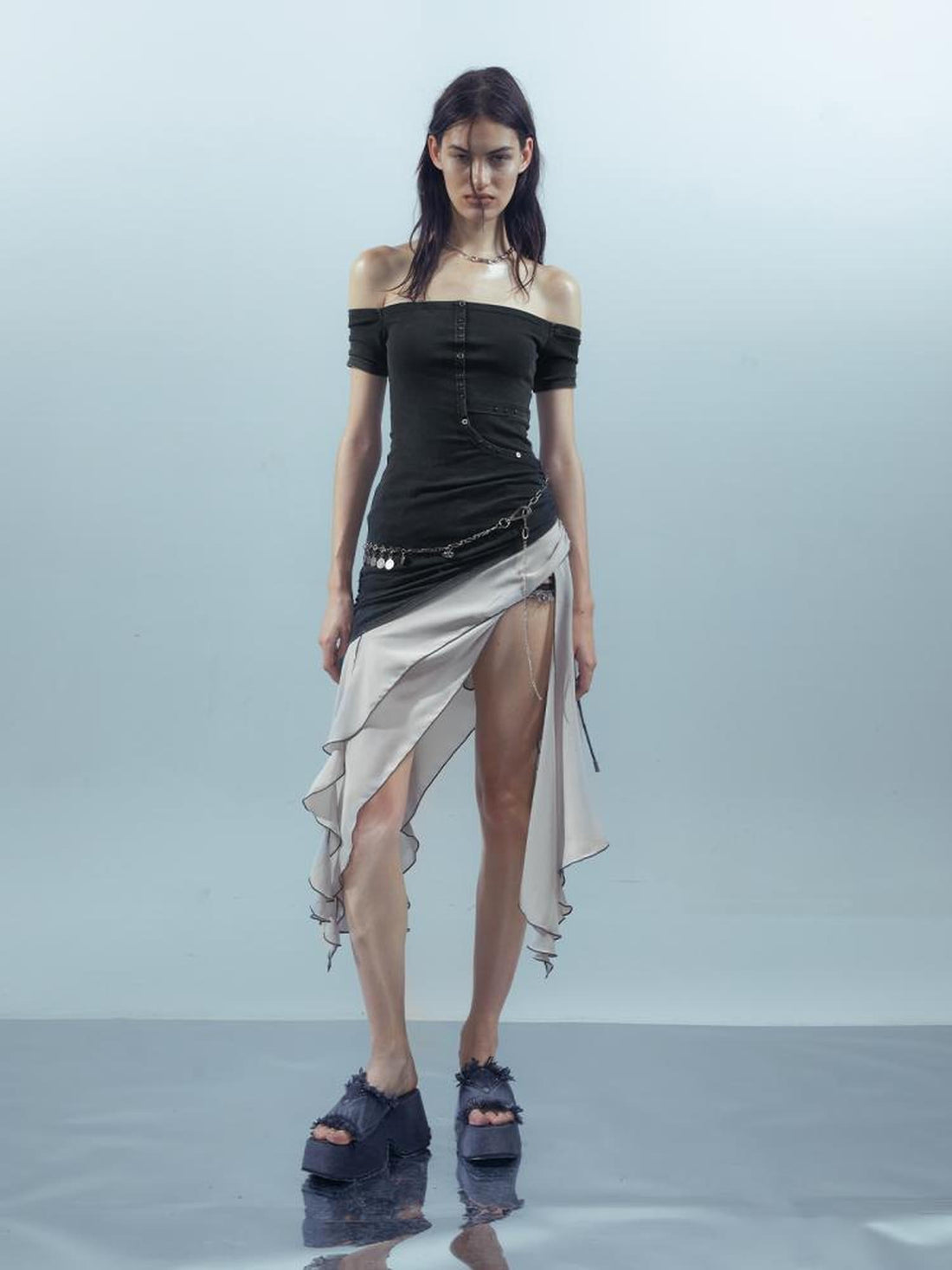 UpdateNN NORTH NODE Piscean Odyssey Ethereal Chiffon Asymmetrical V-Neck T-Shirt Long-Sleeve Dress