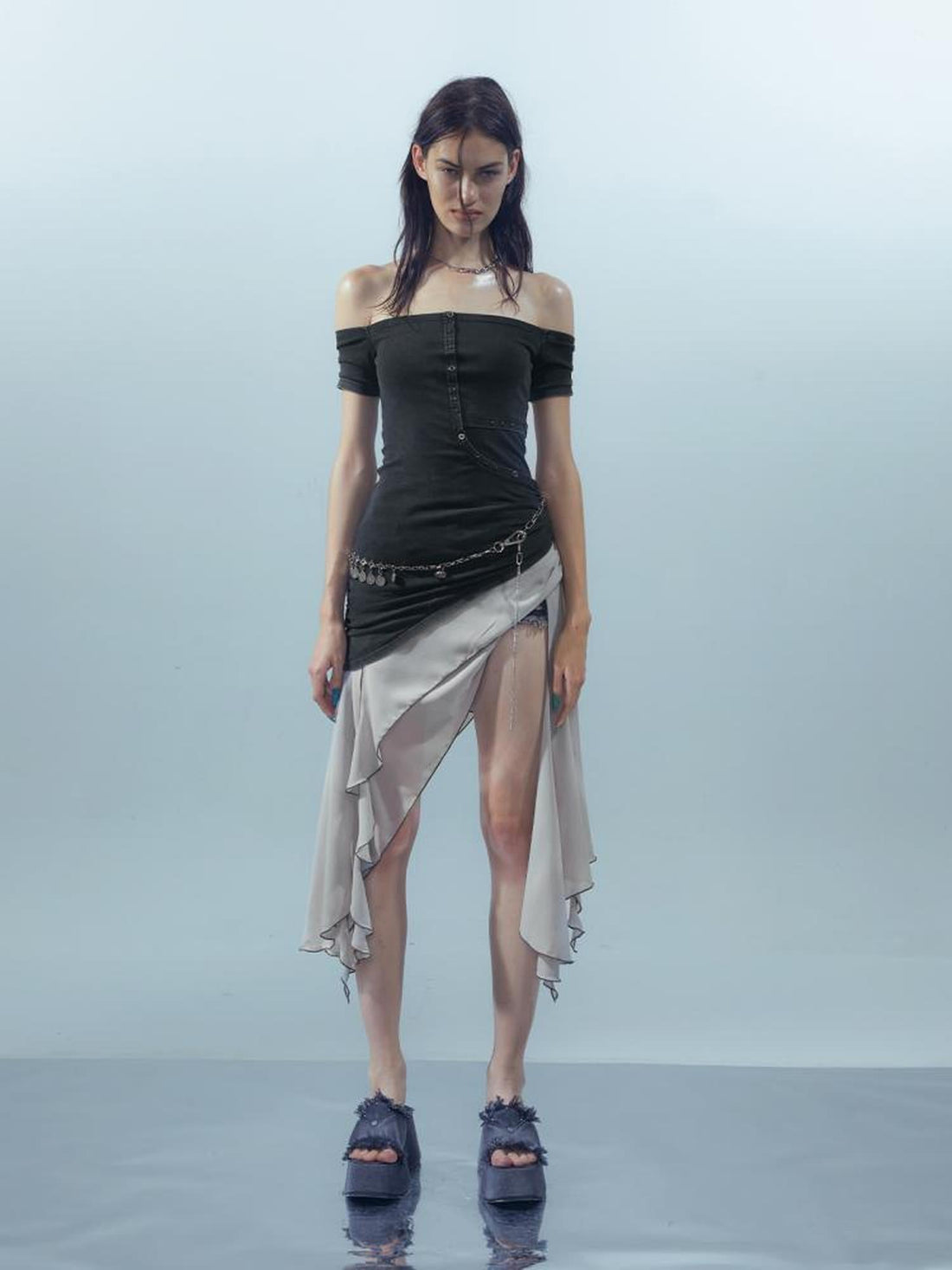 UpdateNN NORTH NODE Piscean Odyssey Ethereal Chiffon Asymmetrical V-Neck T-Shirt Long-Sleeve Dress
