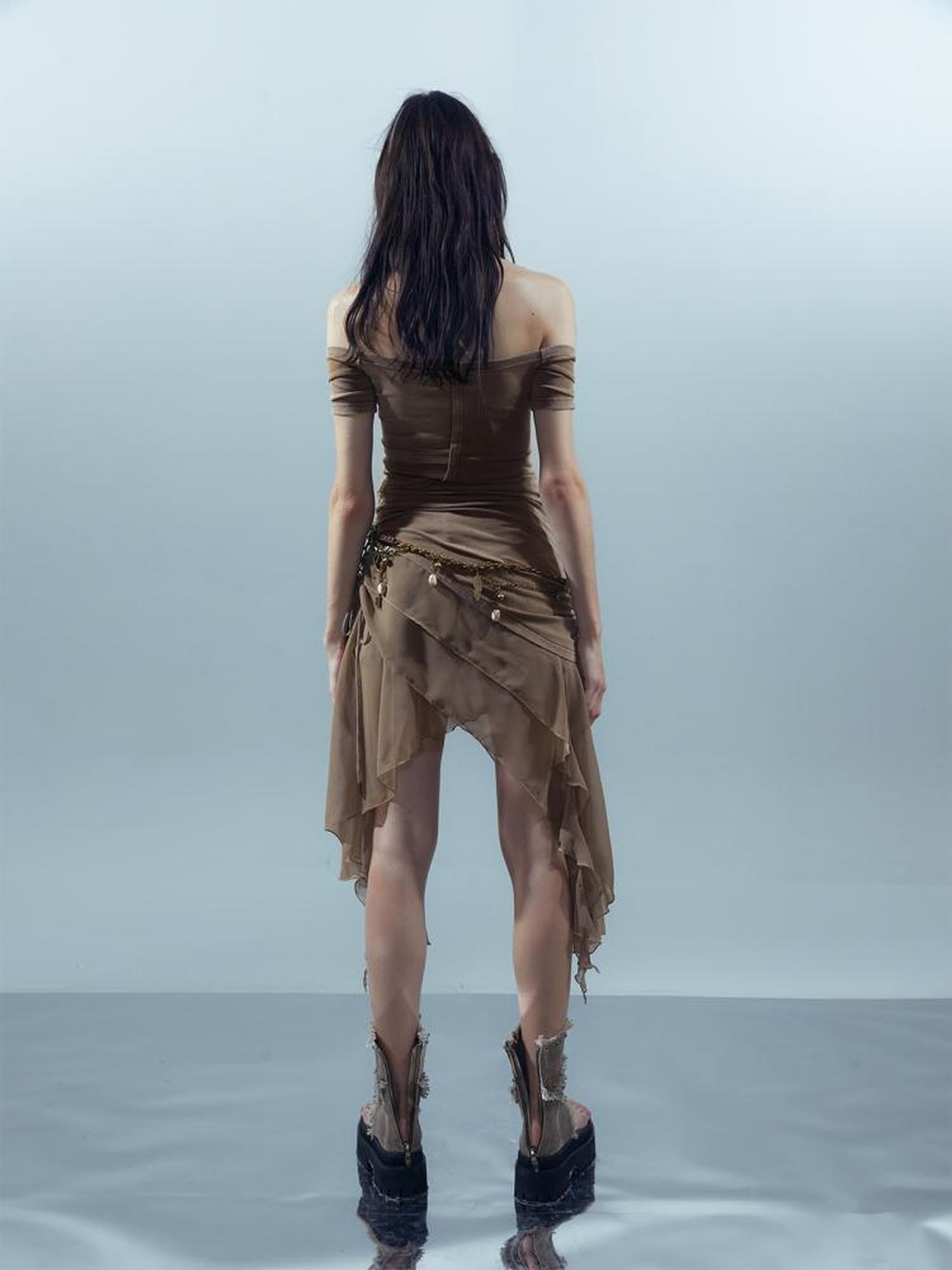 UpdateNN NORTH NODE Piscean Odyssey Ethereal Chiffon Asymmetrical V-Neck T-Shirt Long-Sleeve Dress