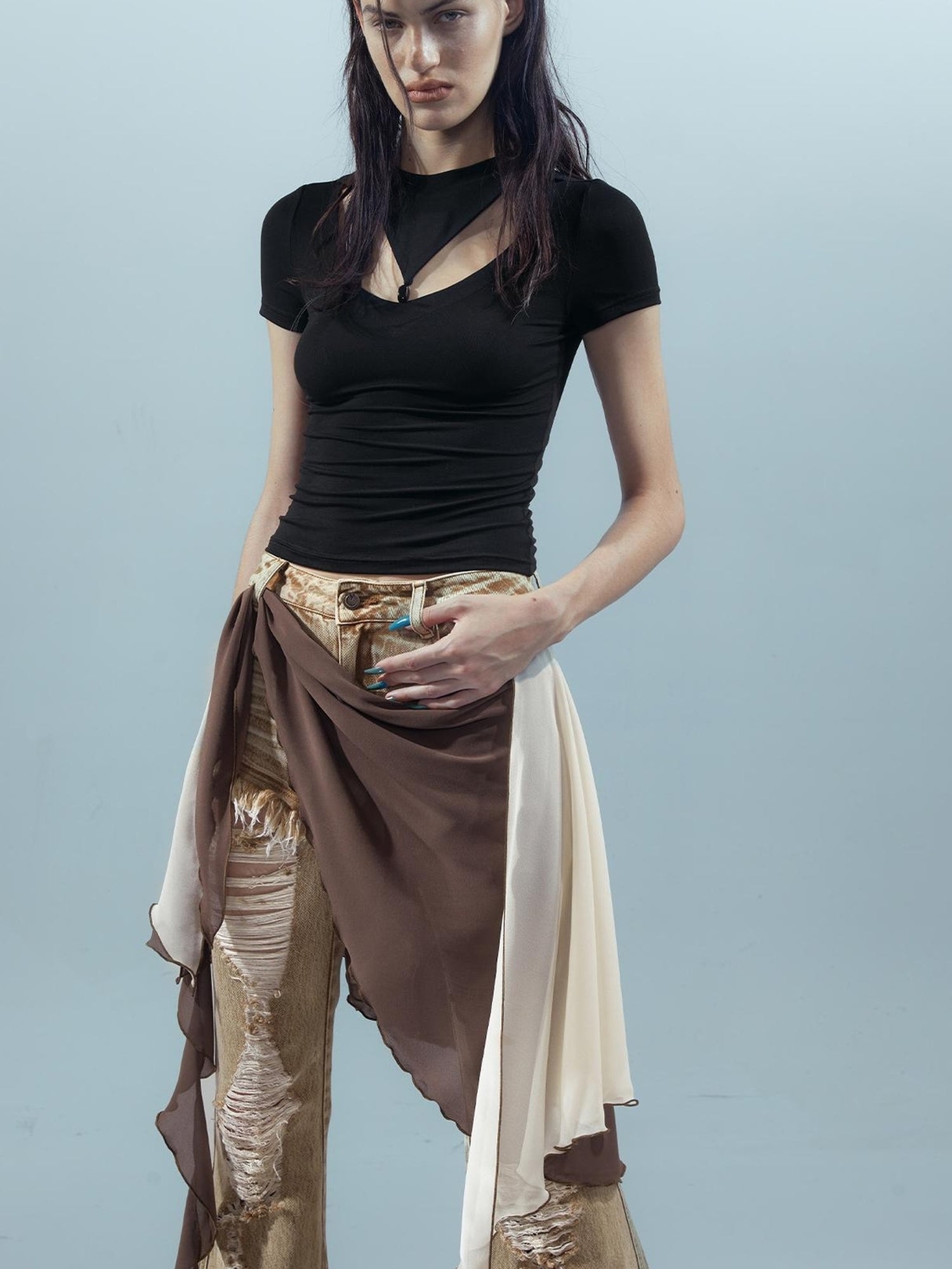 Piscean Odyssey Ethereal Hollowed Beaded V-neck T-shirt Long Sleeve
