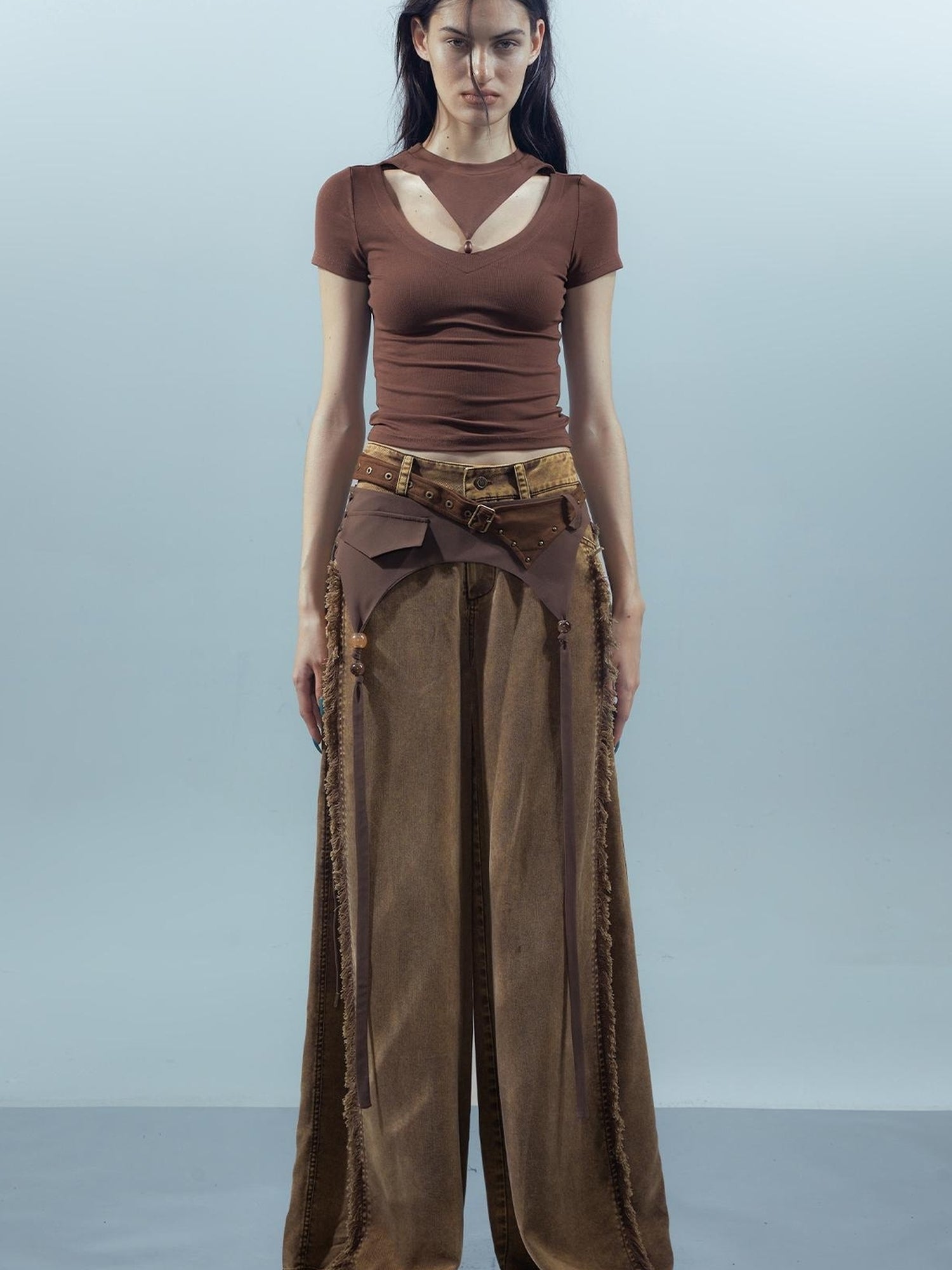 Piscean Odyssey Ethereal Hollowed Beaded V-neck T-shirt Long Sleeve