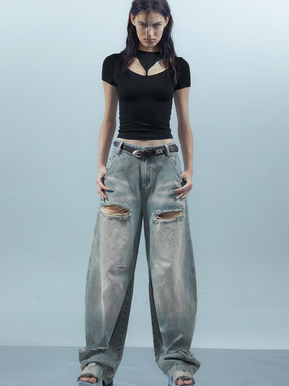 Piscean Odyssey Ethereal Hollowed Beaded V-neck T-shirt Long Sleeve