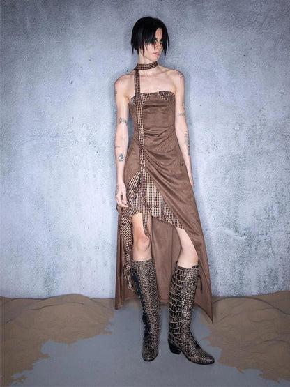 Plaid Patchwork Asymmetric Bustier Dress With Detachable Collar