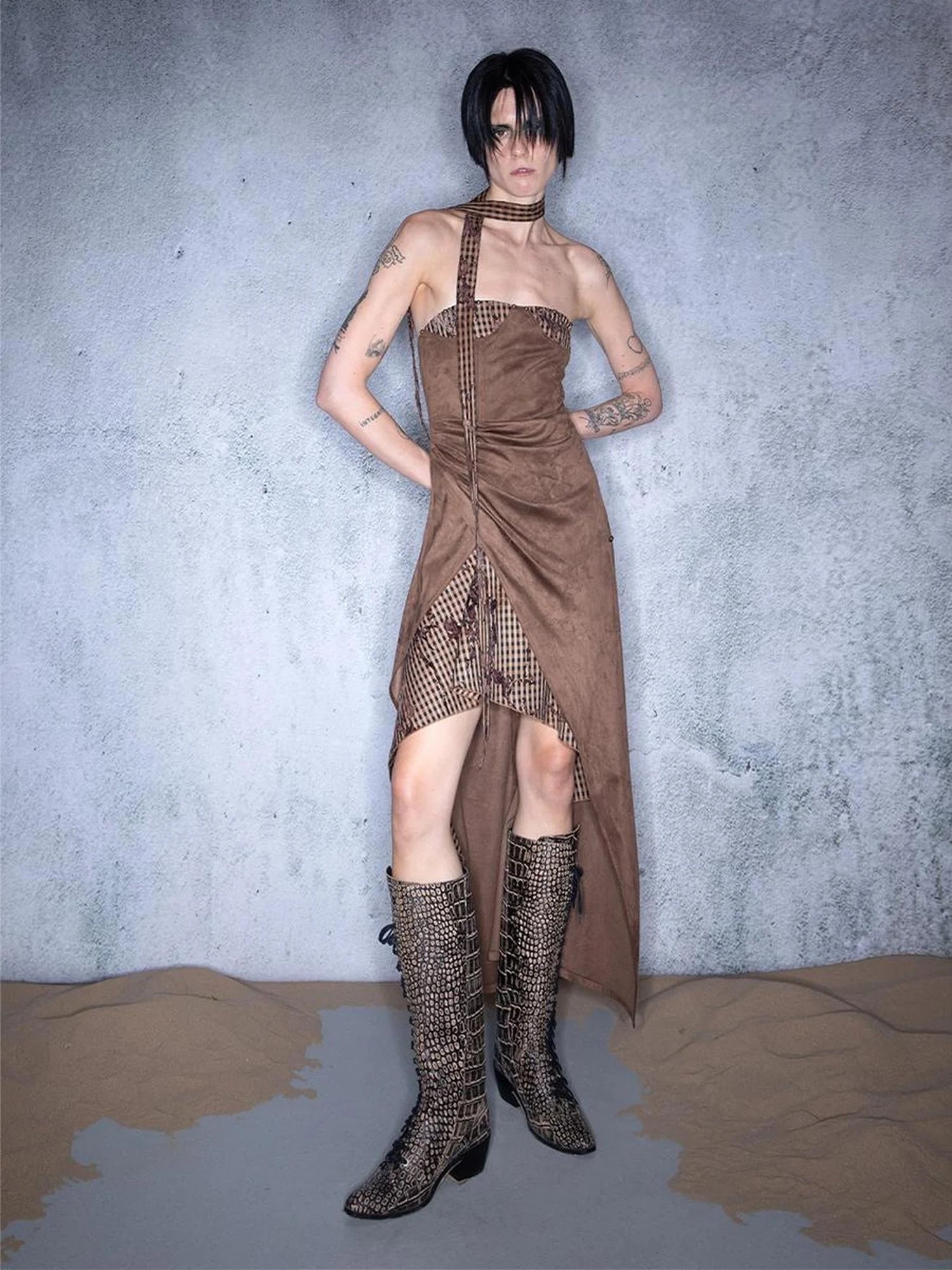 Plaid Patchwork Asymmetric Bustier Dress With Detachable Collar