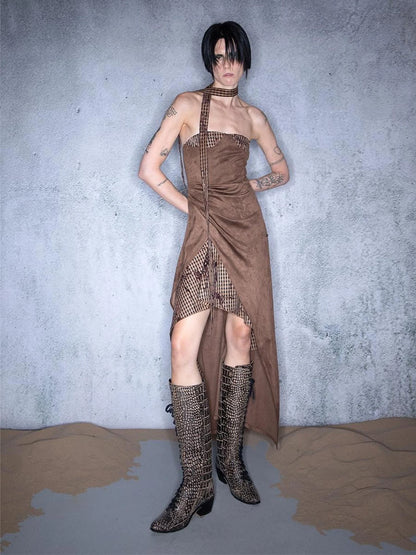 Plaid Patchwork Asymmetric Bustier Dress With Detachable Collar